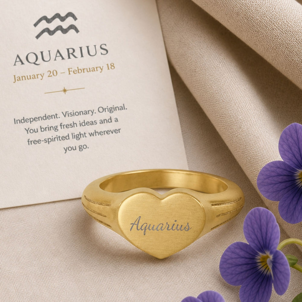 Aquarius Signet Ring, Aquarius Ring, Star Signet Ring, Heart Signet Ring