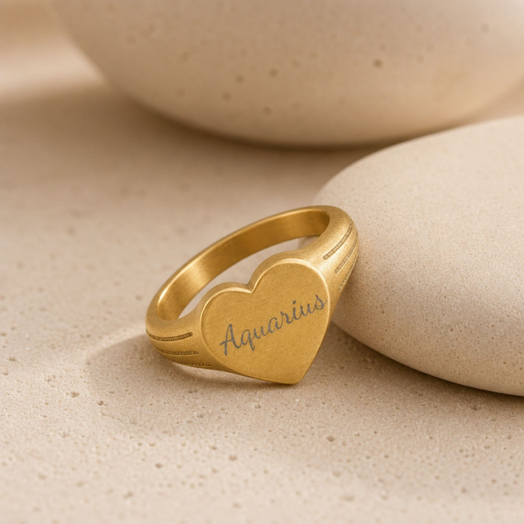 Aquarius Signet Ring, Aquarius Ring, Star Signet Ring, Heart Signet Ring