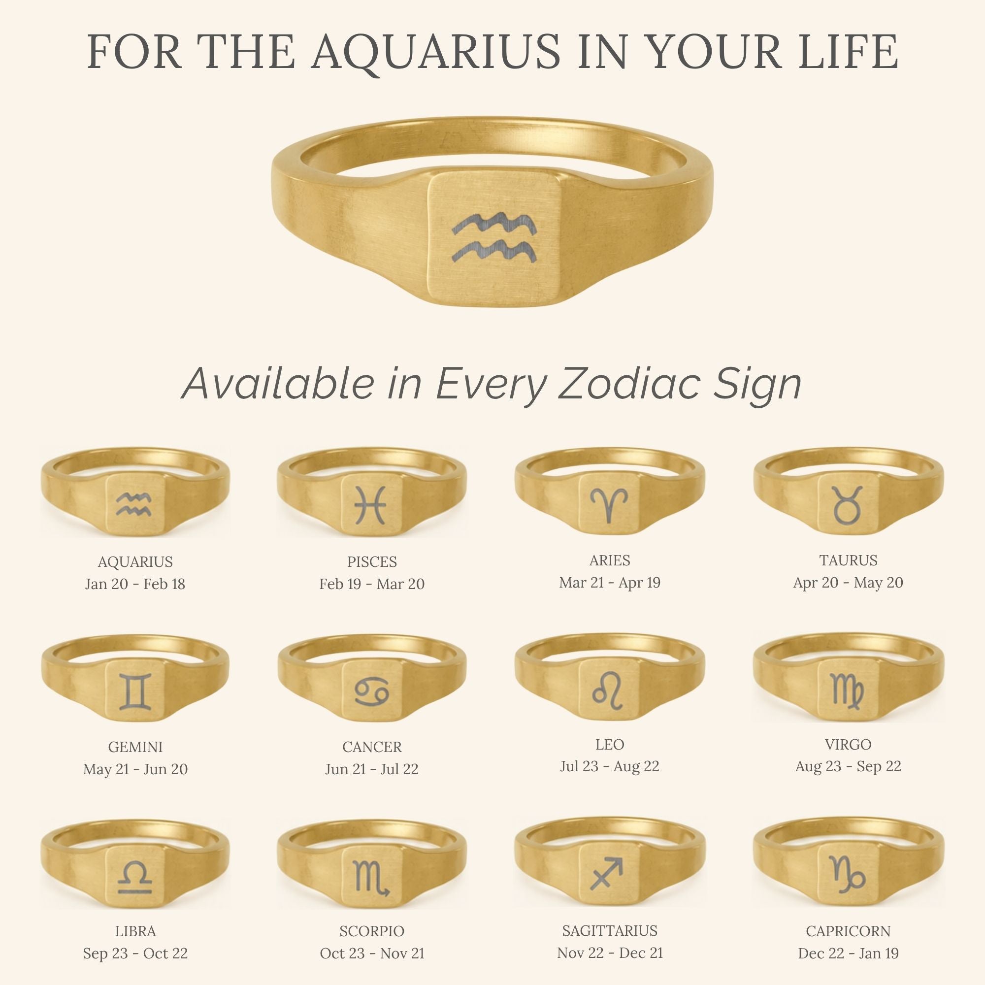 Aquarius Signet Ring, Aquarius Ring, Zodiac Signet Ring, Square Signet Ring