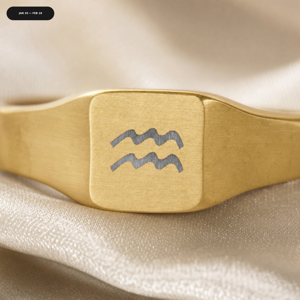 Aquarius Square Ring - zodiac engraved pendant with date range