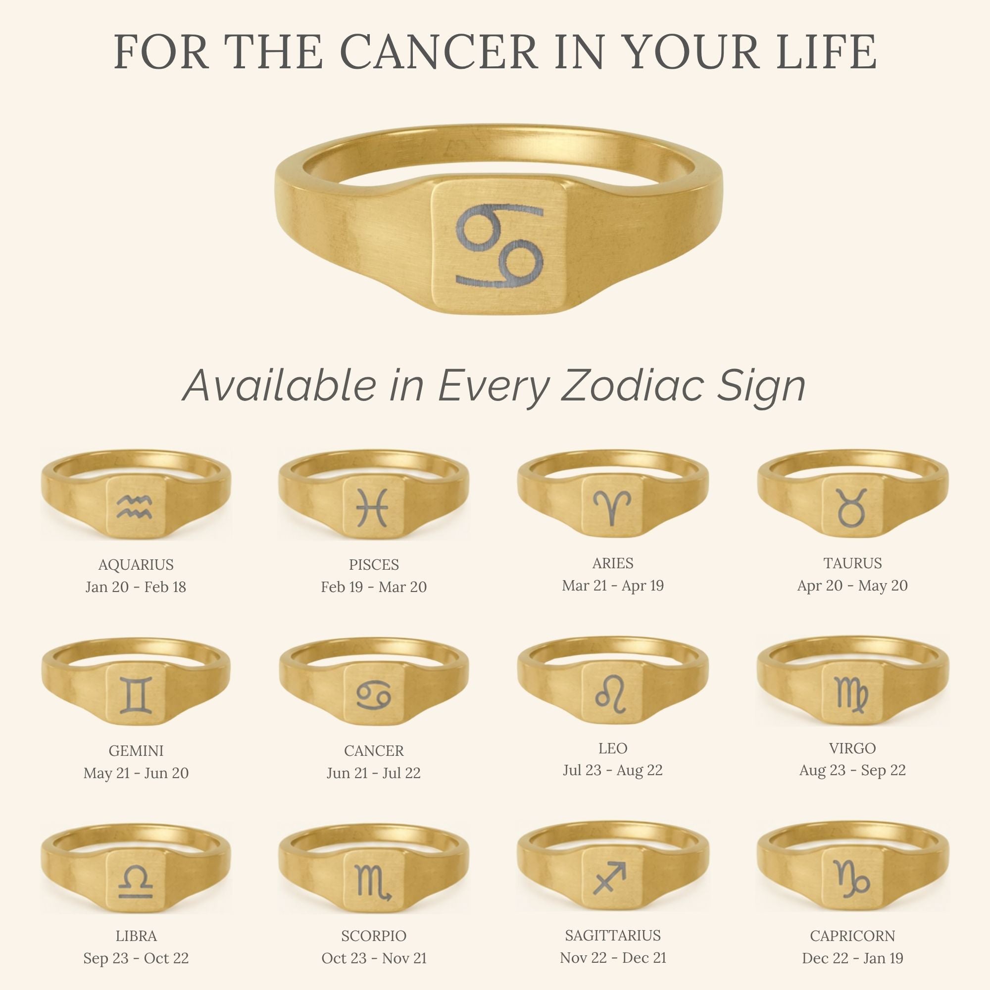 Cancer Signet Ring, Cancer Ring, Zodiac Signet Ring, Square Signet Ring