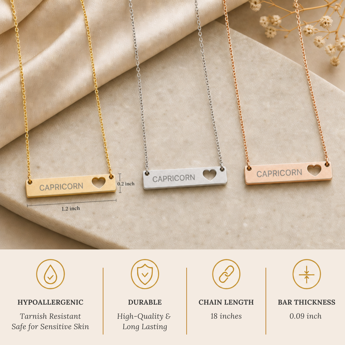 Zodiac Bar Necklace, Capricorn Necklace, Birth Sign Necklace, Nontarnish Necklace