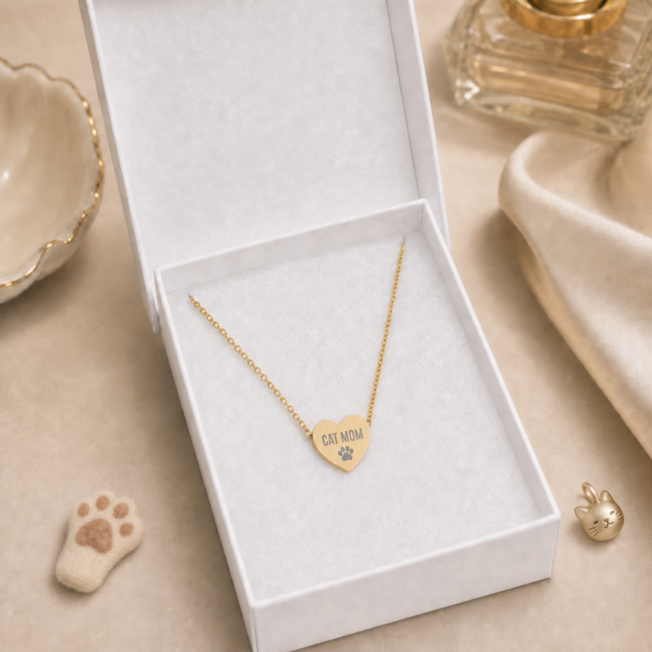 Cat Mom heart necklace in a white keepsake gift box