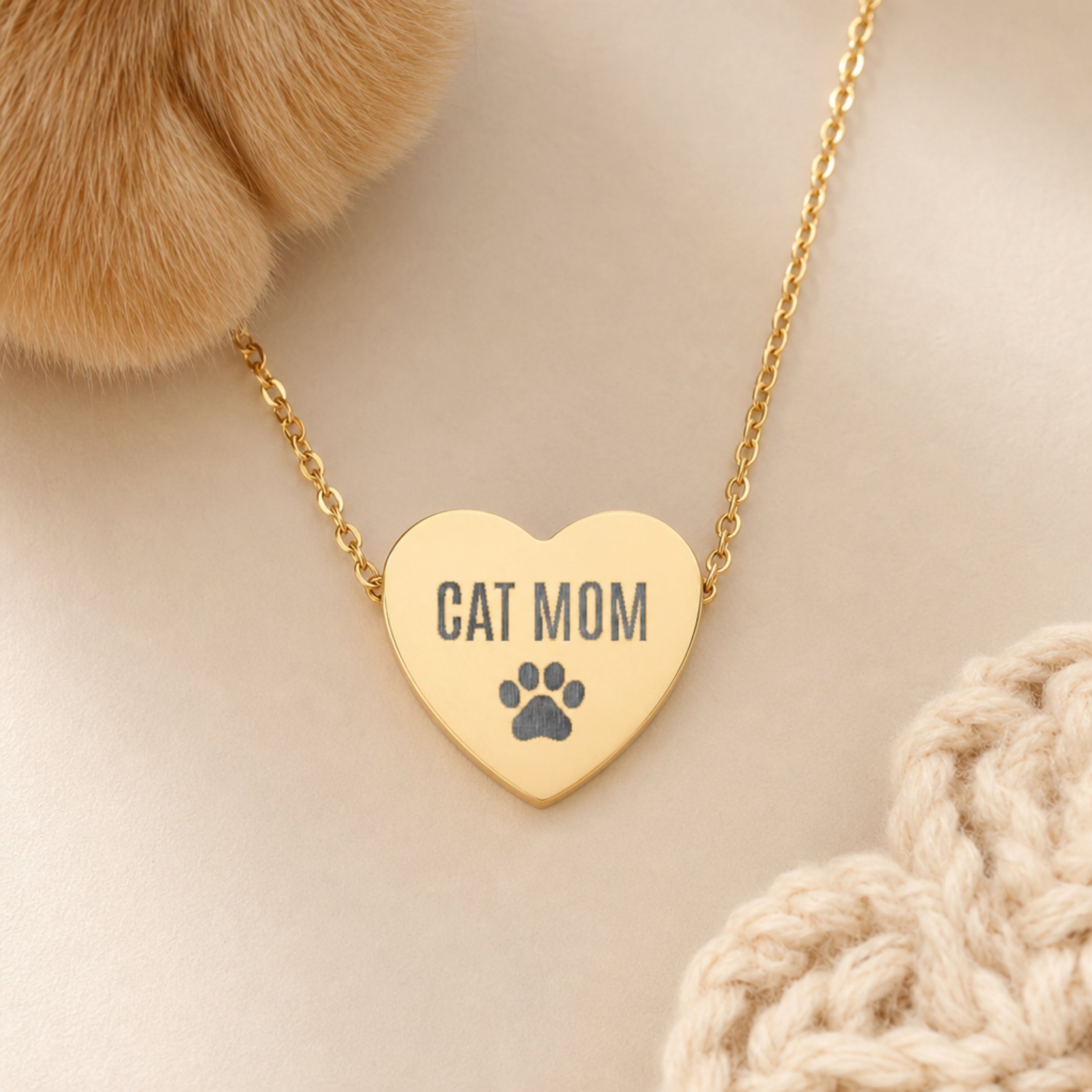 Close-up of the engraved Cat Mom paw print on the gold heart pendant