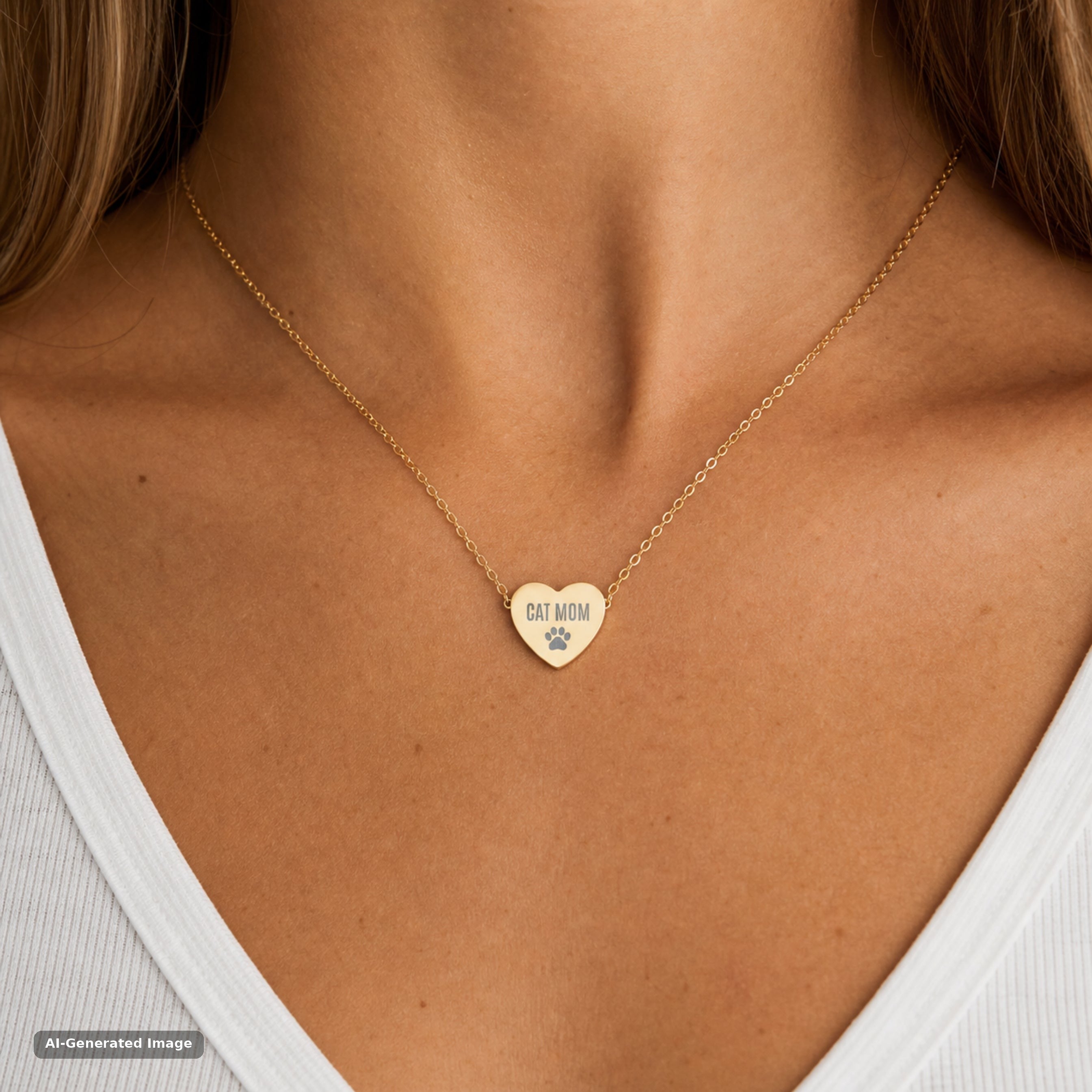 Gold Cat Mom paw print heart necklace worn at the collarbone (AI-generated image)