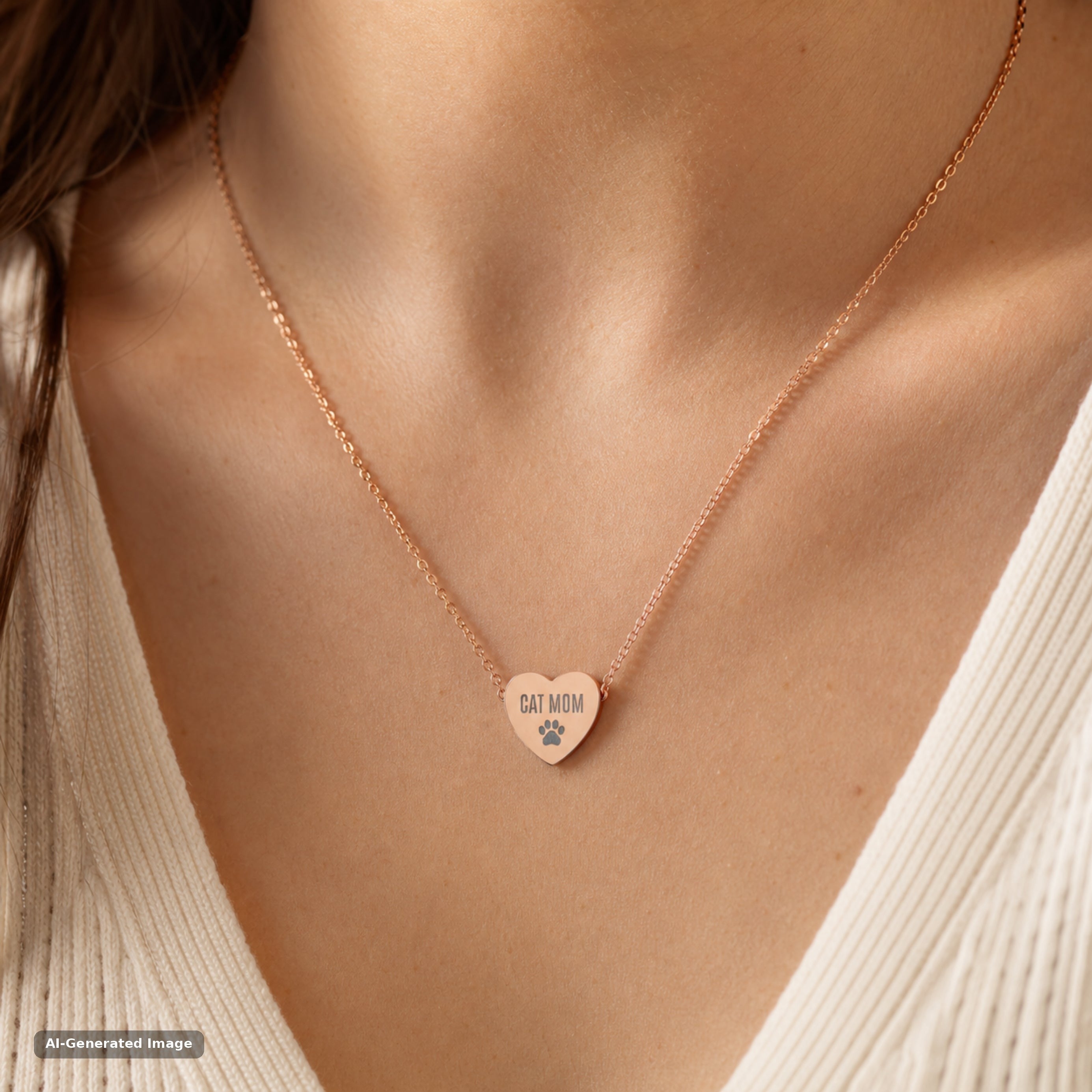 Rose gold Cat Mom paw print heart necklace worn at the collarbone (AI-generated image)