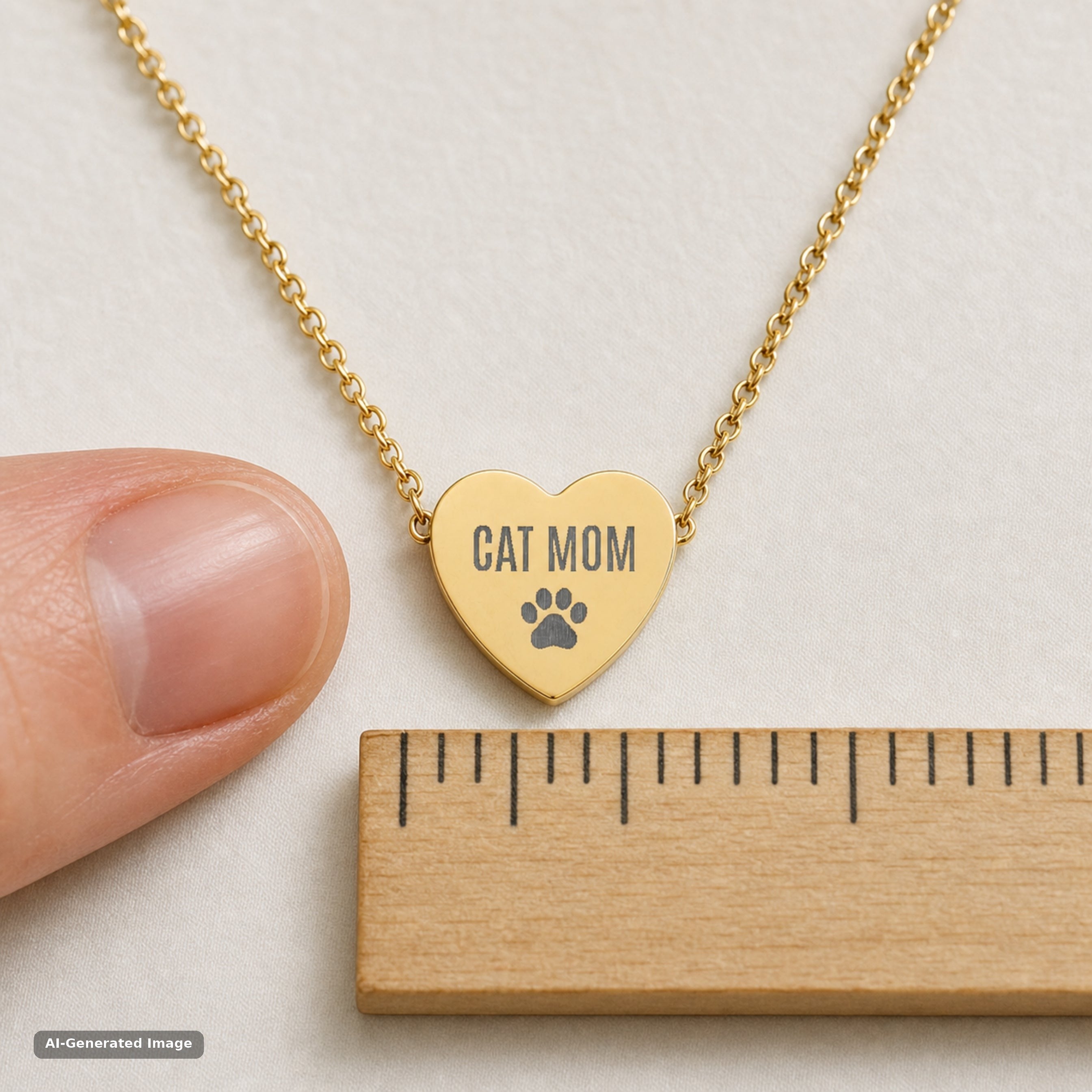 Gold Cat Mom heart pendant shown beside a ruler for size, about 16 by 14 mm (AI-generated image)