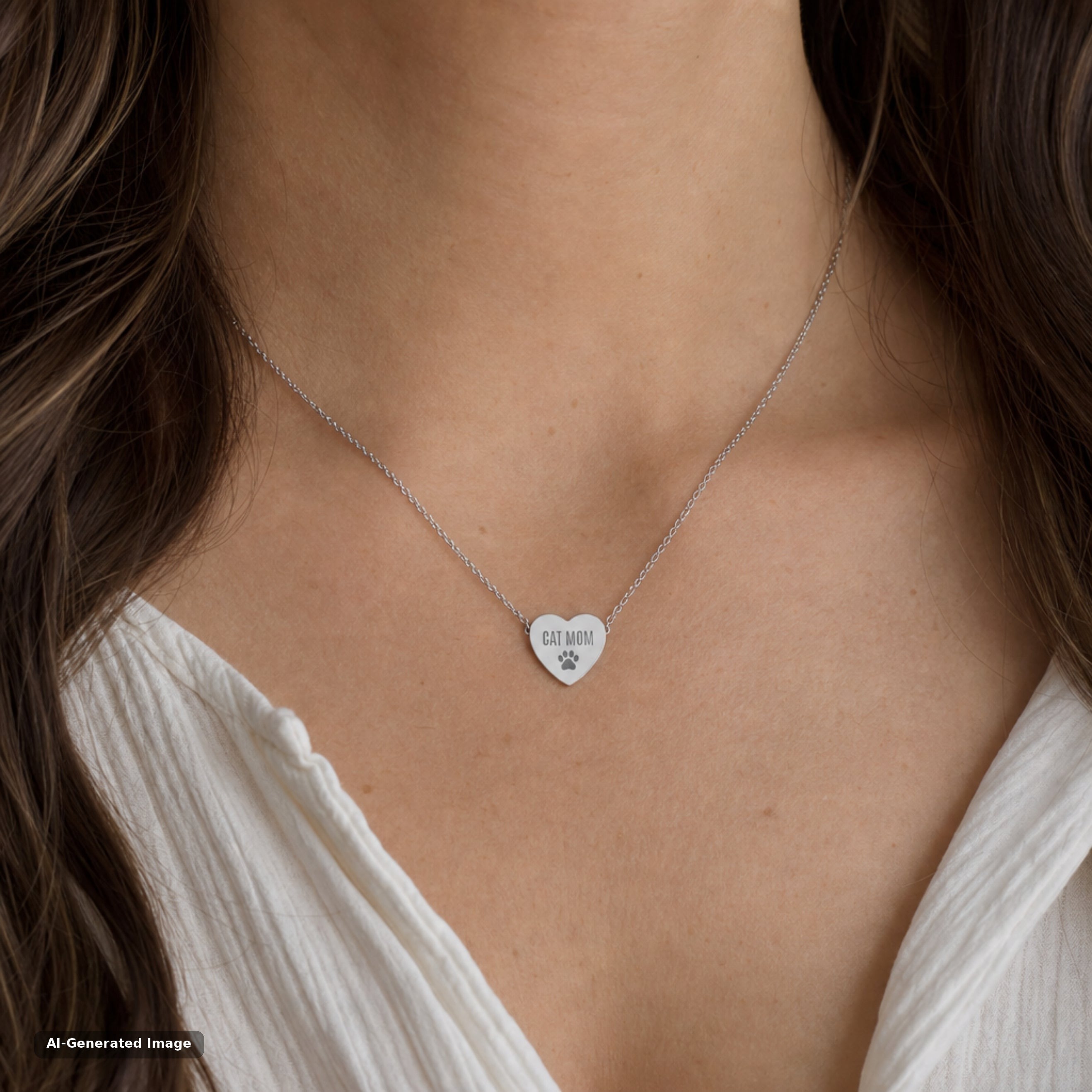 Stainless steel Cat Mom paw print heart necklace worn at the collarbone (AI-generated image)