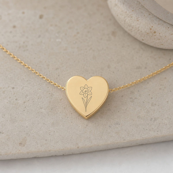 March birth flower Heart necklace — engraved with Daffodil
