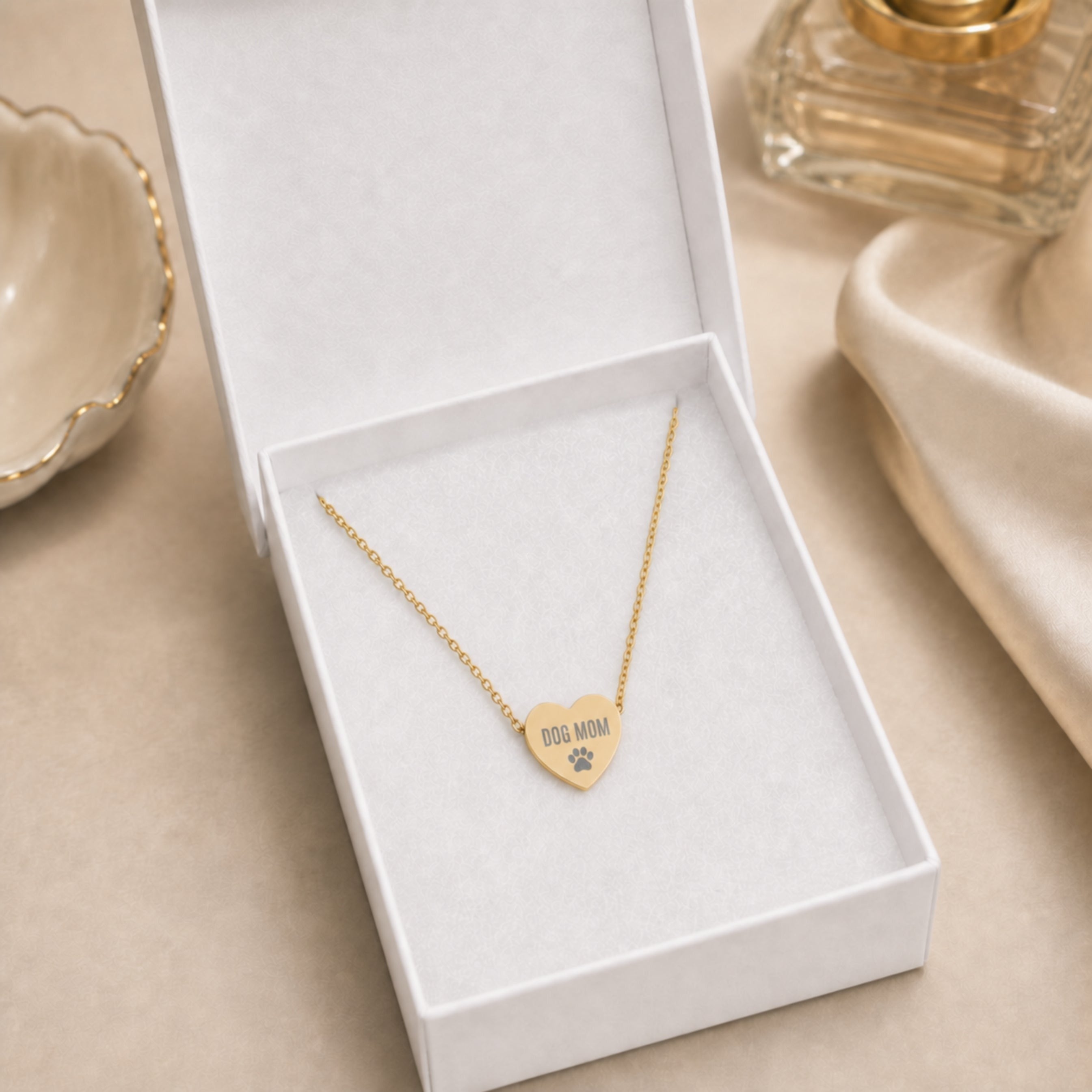 Dog Mom heart necklace in a white keepsake gift box