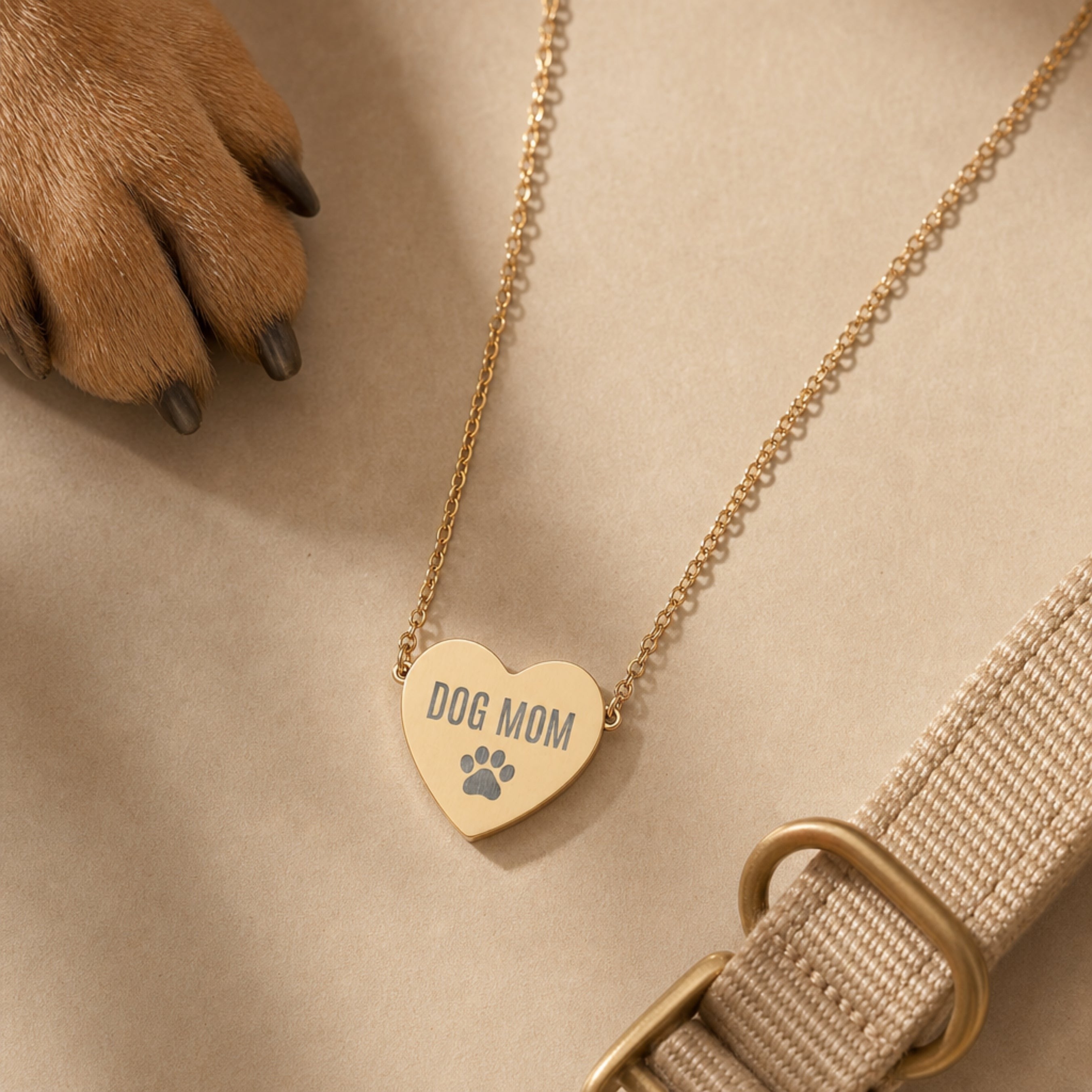 Gold Dog Mom paw print heart necklace styled with a dog collar