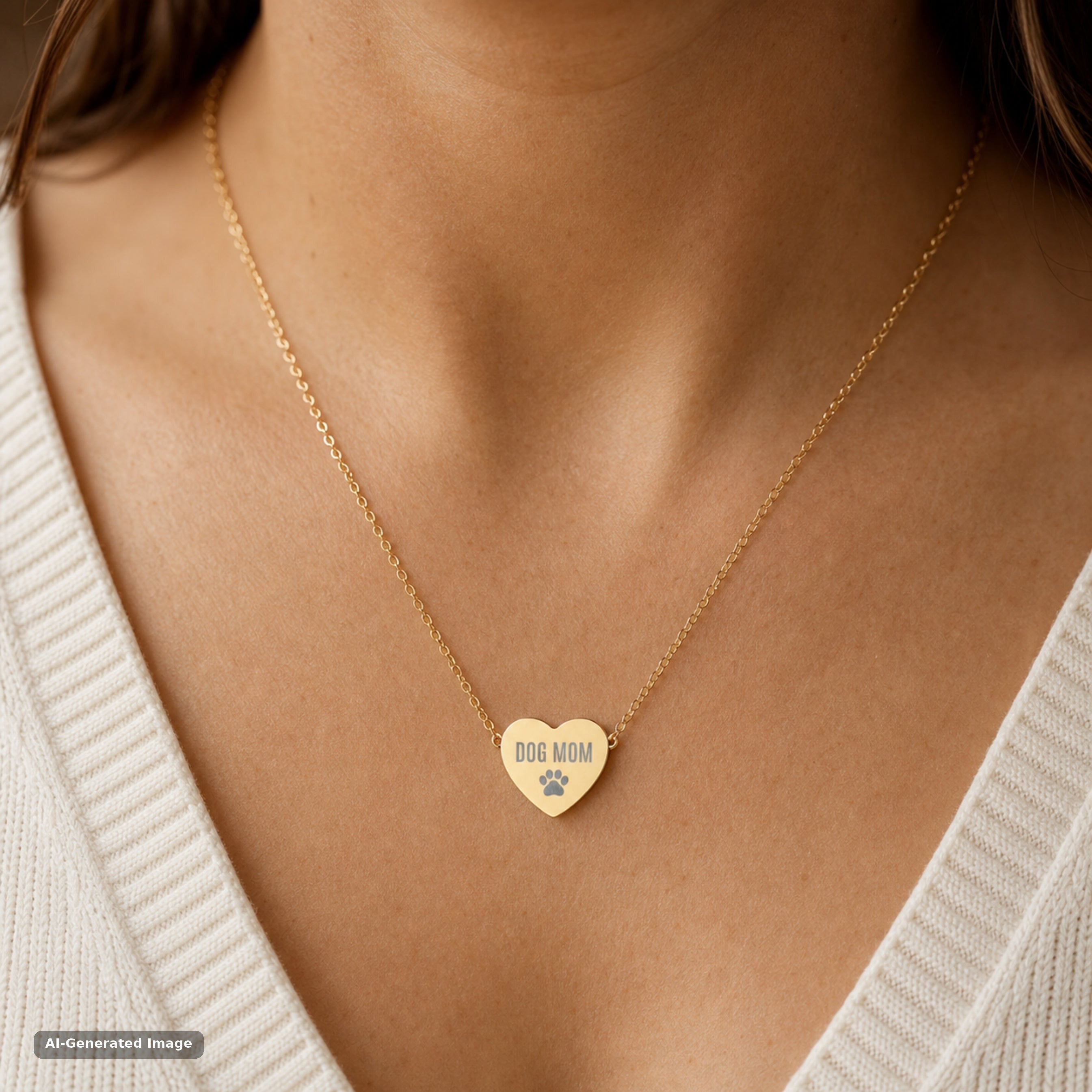 Gold Dog Mom paw print heart necklace worn at the collarbone (AI-generated image)