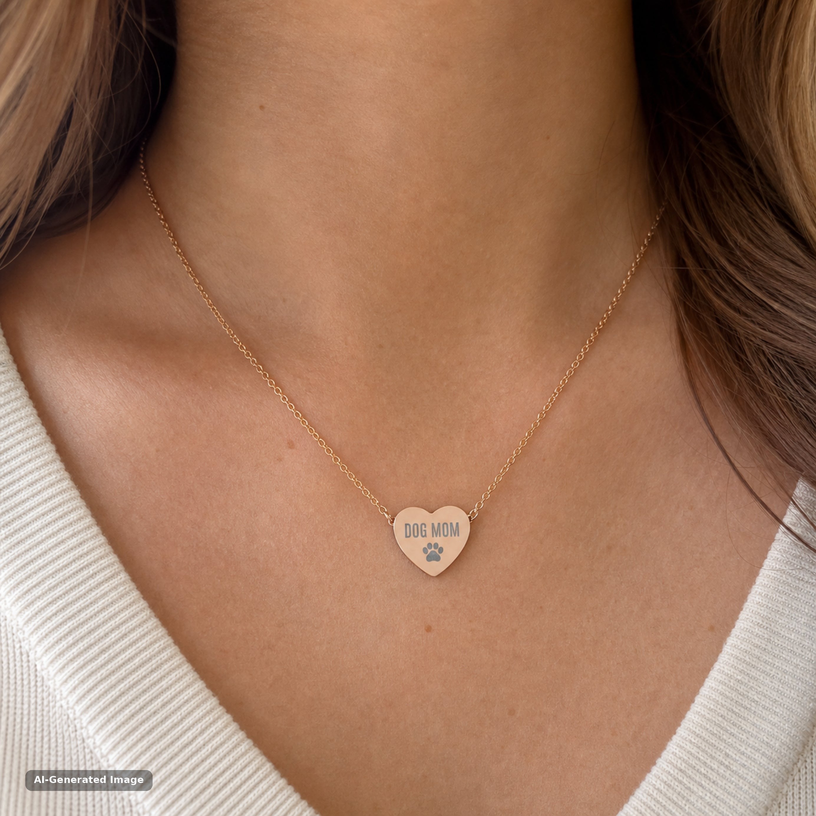 Rose gold Dog Mom paw print heart necklace worn at the collarbone (AI-generated image)