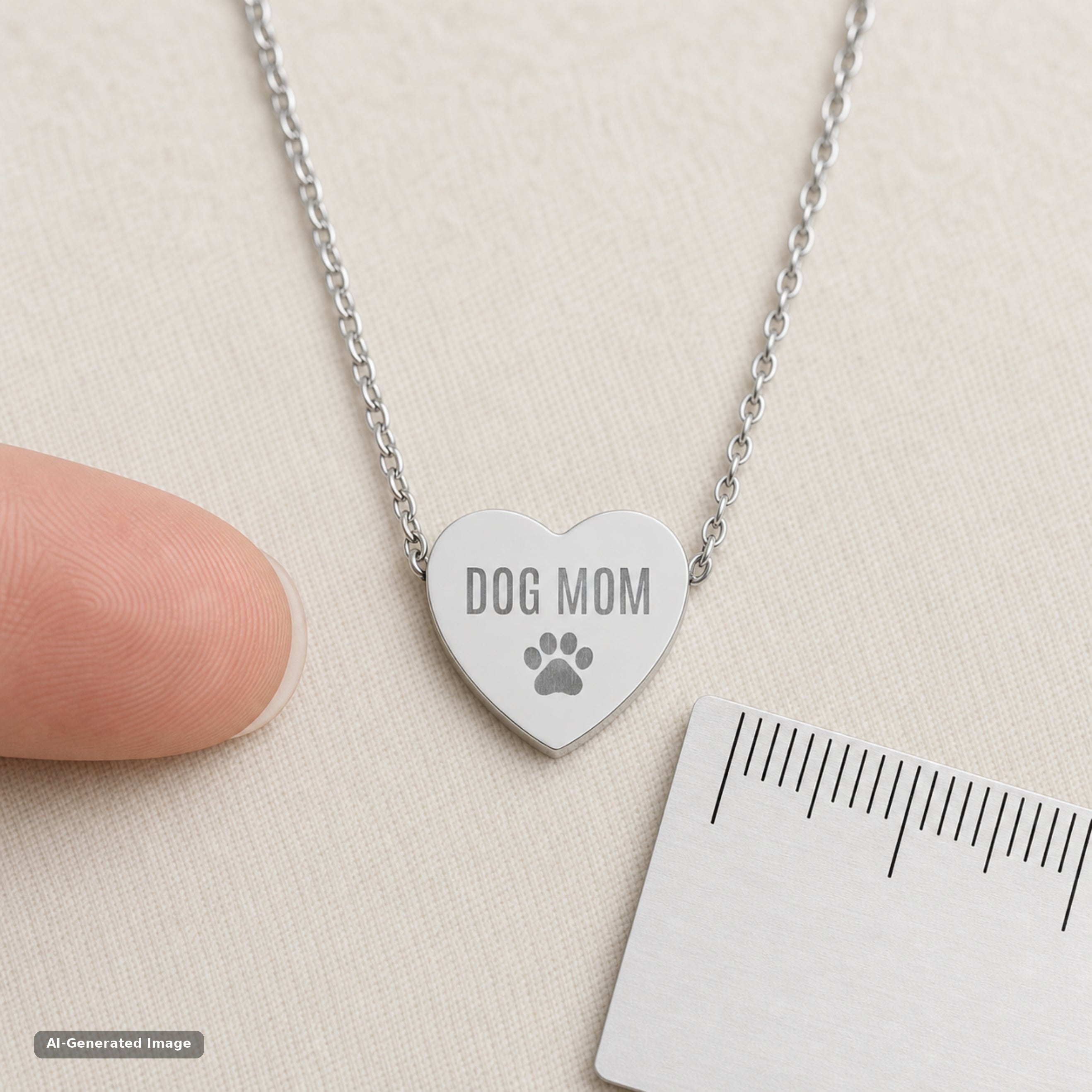 Stainless steel Dog Mom heart pendant shown beside a ruler for size, about 16 by 14 mm (AI-generated image)