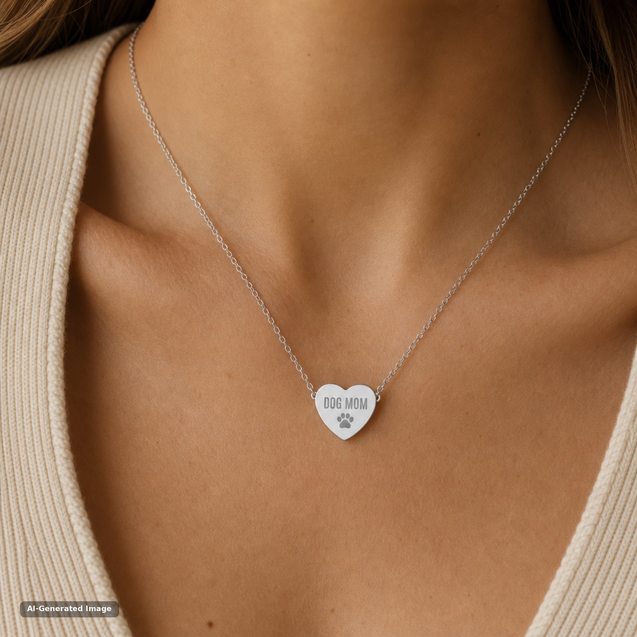 Stainless steel Dog Mom paw print heart necklace worn at the collarbone (AI-generated image)