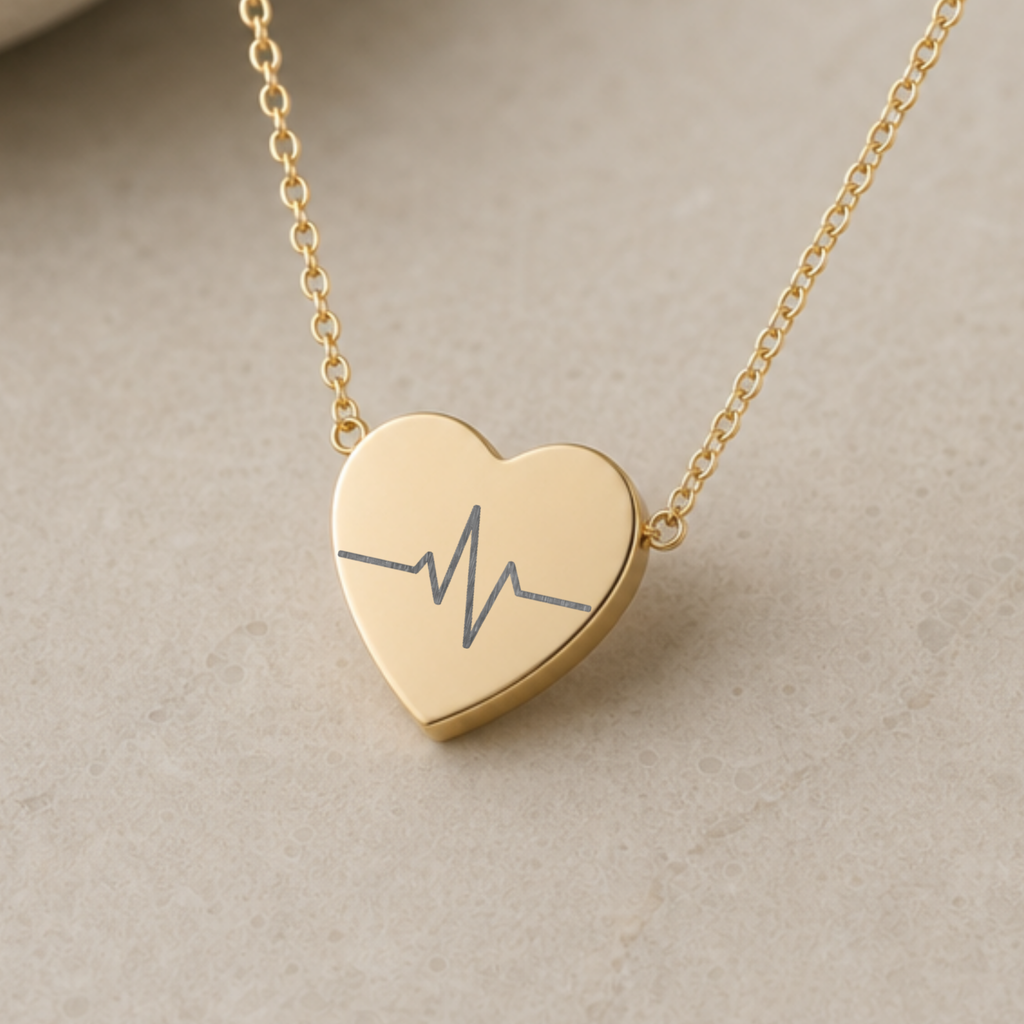 Gold heartbeat necklace, heart pendant engraved with an EKG heartbeat line - a piece to wear every day or give. Memory That Lasts.