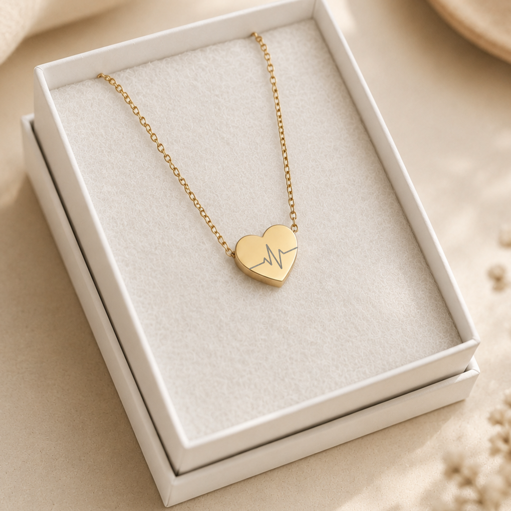 Stainless steel heartbeat heart necklace, the EKG line engraved on a polished mirror-finish pendant. Memory That Lasts.