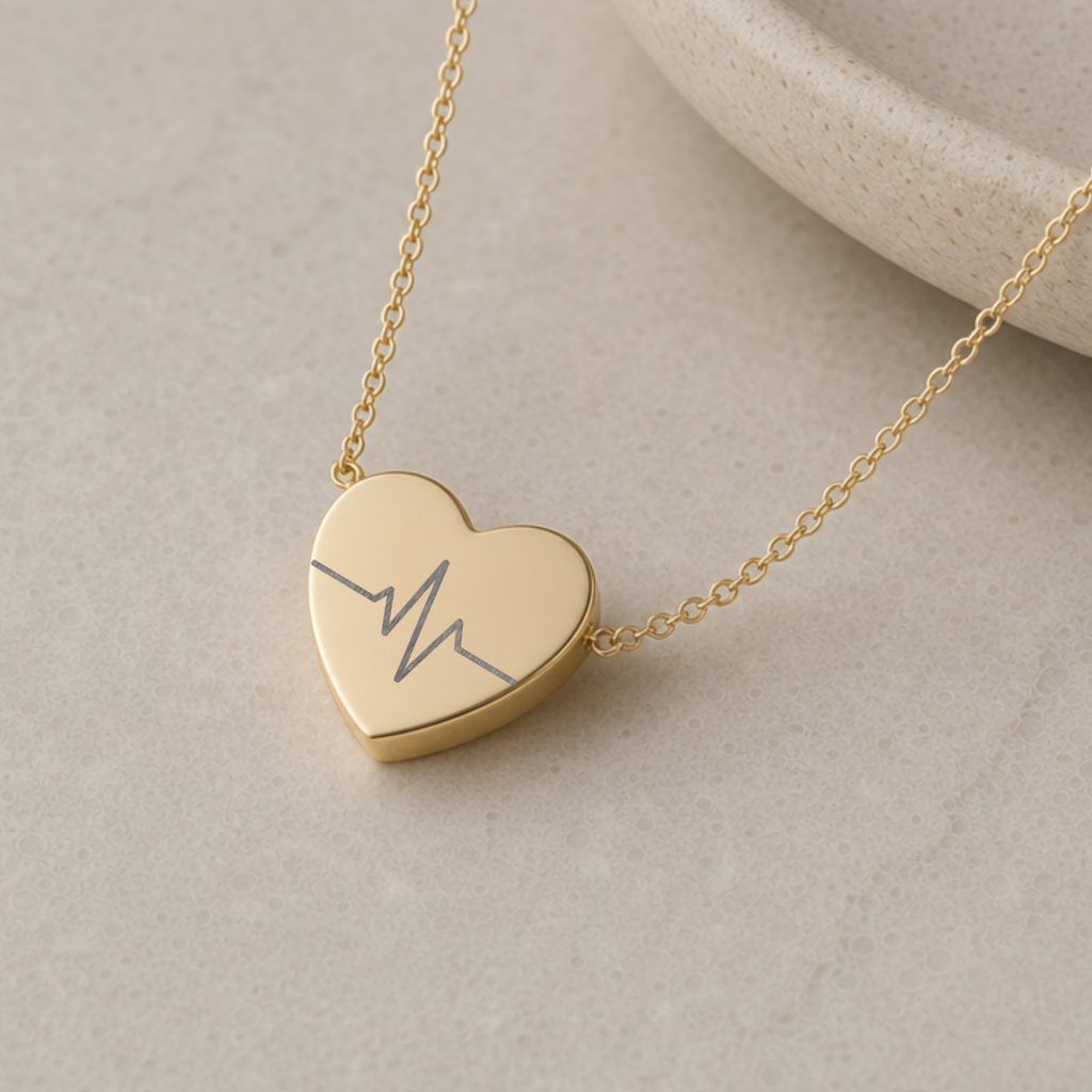 Three finishes of the heartbeat heart necklace side by side - Gold, Rose Gold, and Stainless - with dimensions. Memory That Lasts.