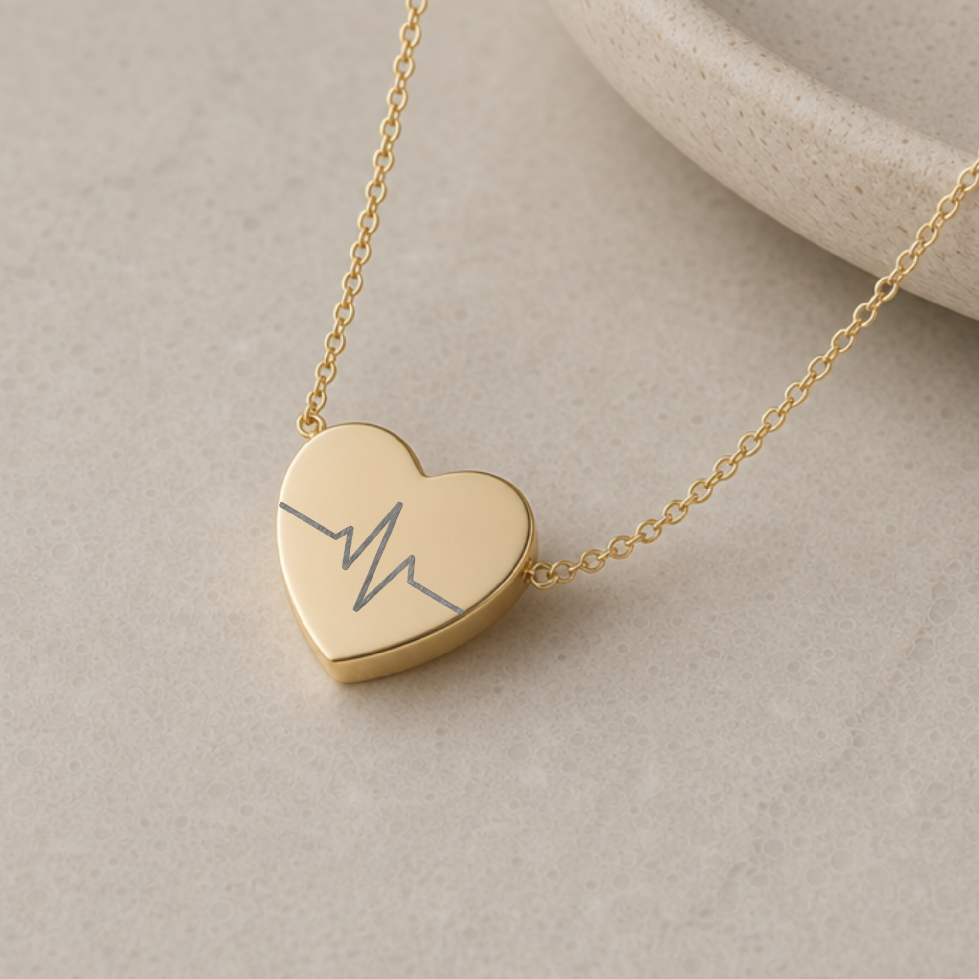 Three finishes of the heartbeat heart necklace side by side - Gold, Rose Gold, and Stainless - with dimensions. Memory That Lasts.