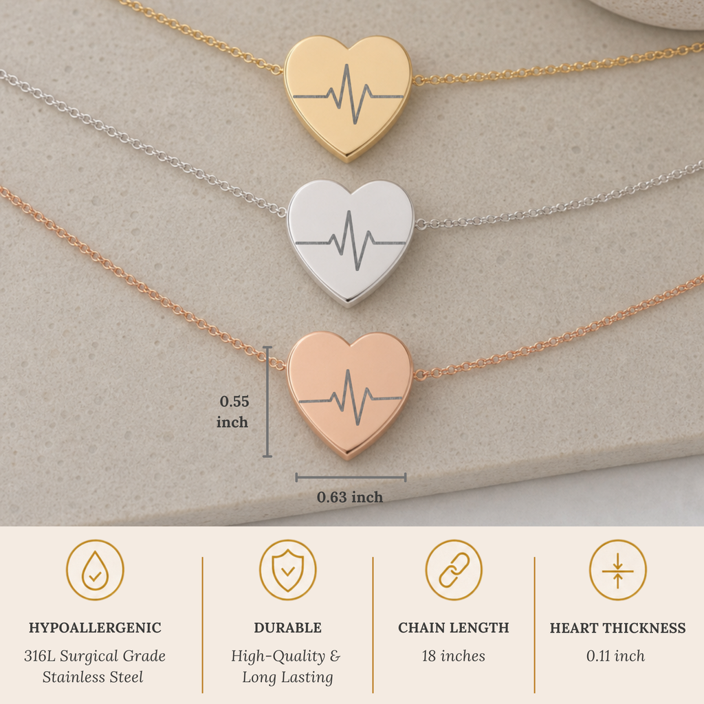 Three finishes of the heartbeat heart necklace side by side - Gold, Rose Gold, and Stainless - with dimensions. Memory That Lasts.