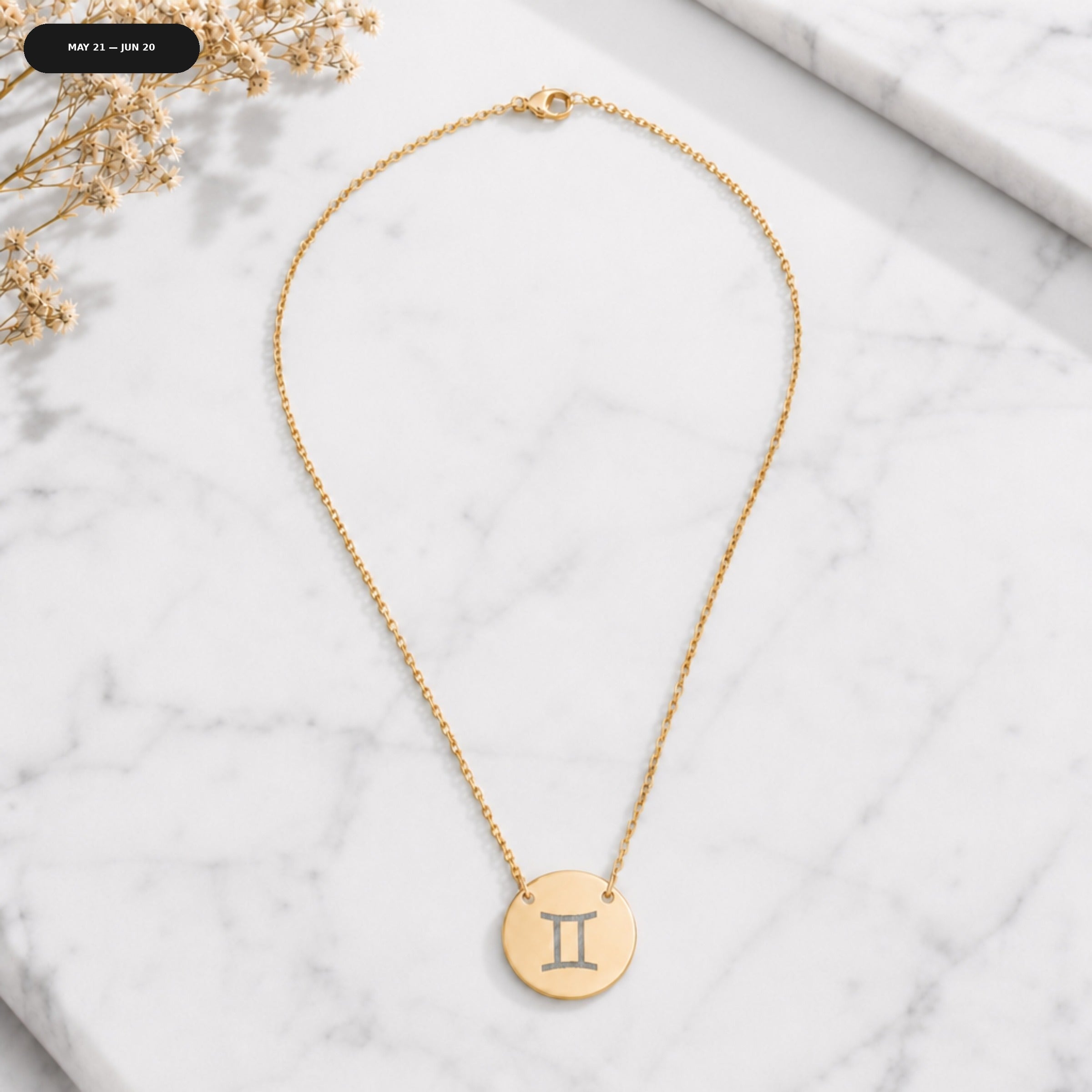 Gemini Coin Necklace - zodiac engraved pendant with date range