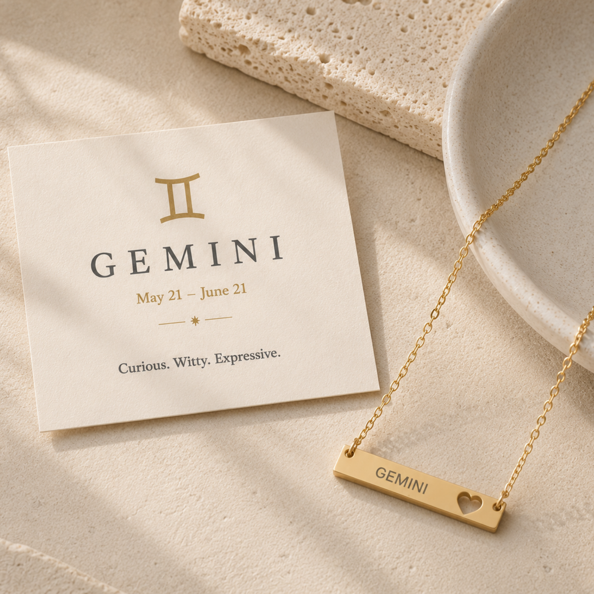 Gemini Pendant, Zodiac Bar Necklace, Birth Sign Necklace, Nontarnish Necklace