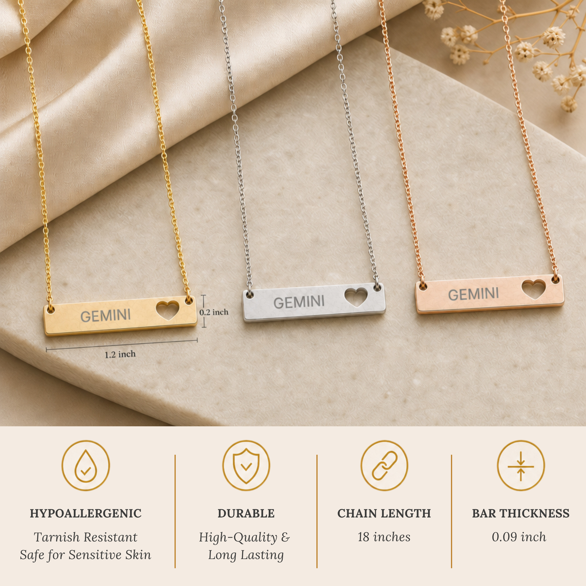 Gemini Pendant, Zodiac Bar Necklace, Birth Sign Necklace, Nontarnish Necklace