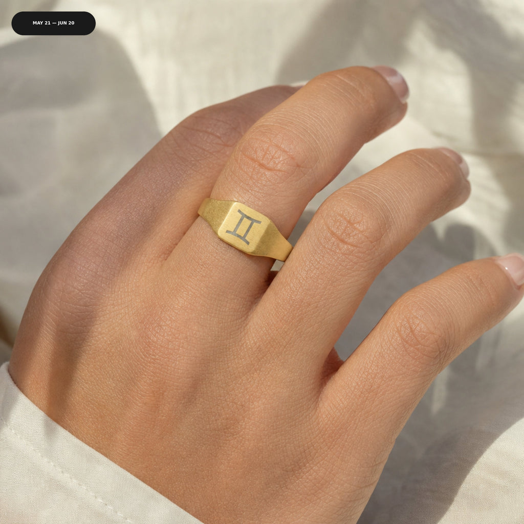 Gemini Square Ring - zodiac engraved pendant with date range