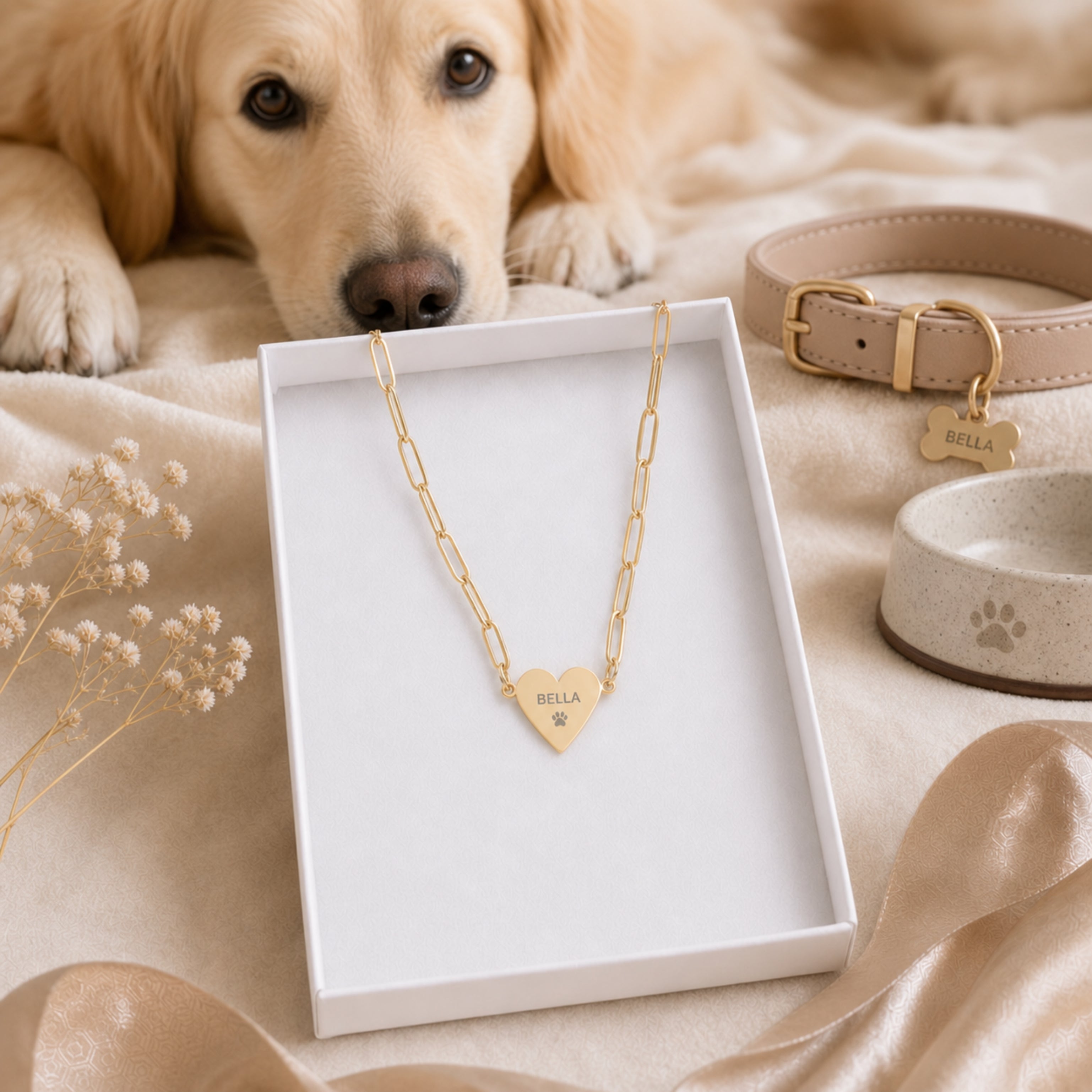 Engraved paperclip heart pendant necklace presented in a cream gift box on soft linen — a ready-to-gift personalized keepsake for pet parents and loved ones. Memory That Lasts.