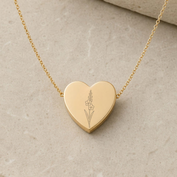 August birth flower Heart necklace — engraved with Gladiolus