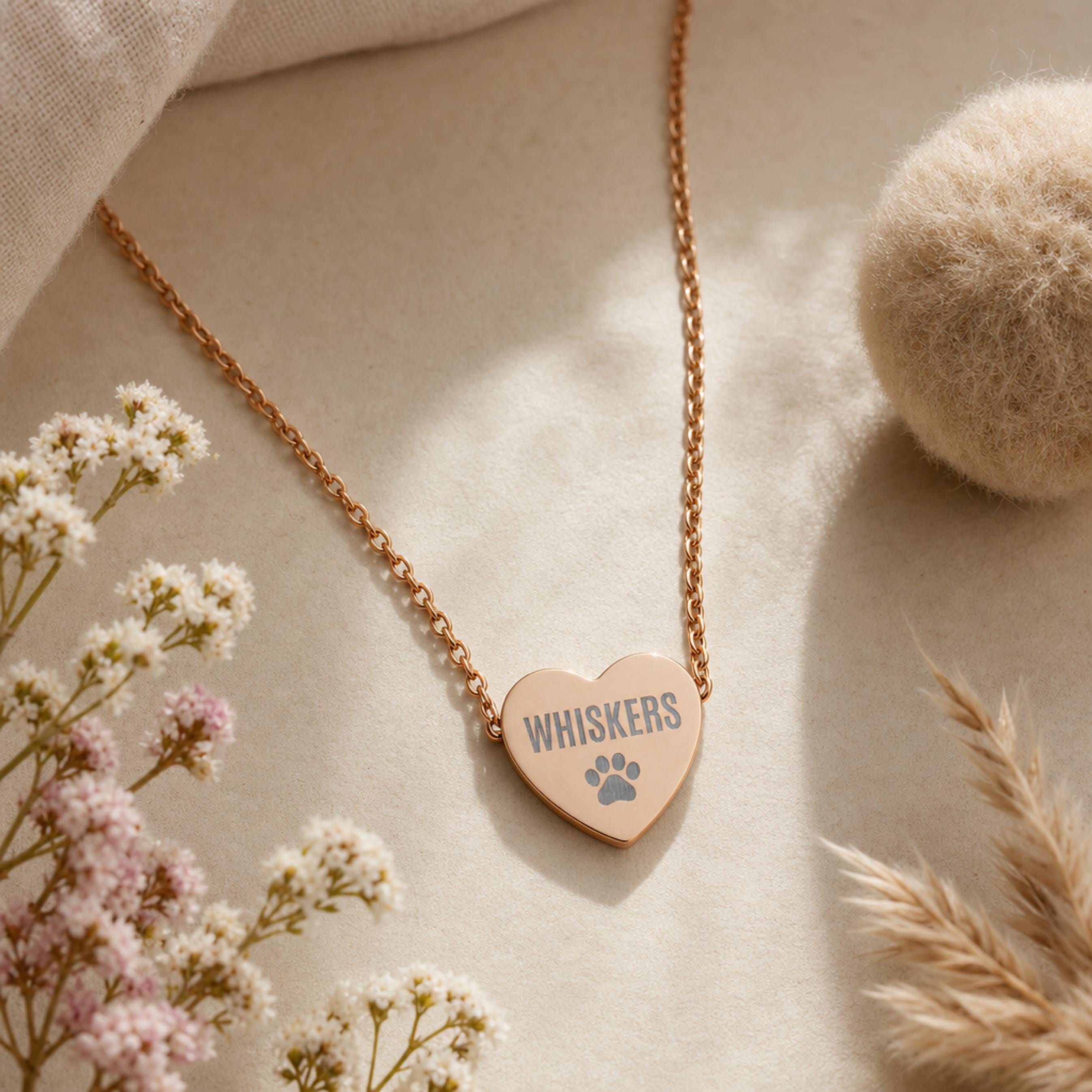 Rose gold engraved pet name and paw print heart necklace with dried flowers