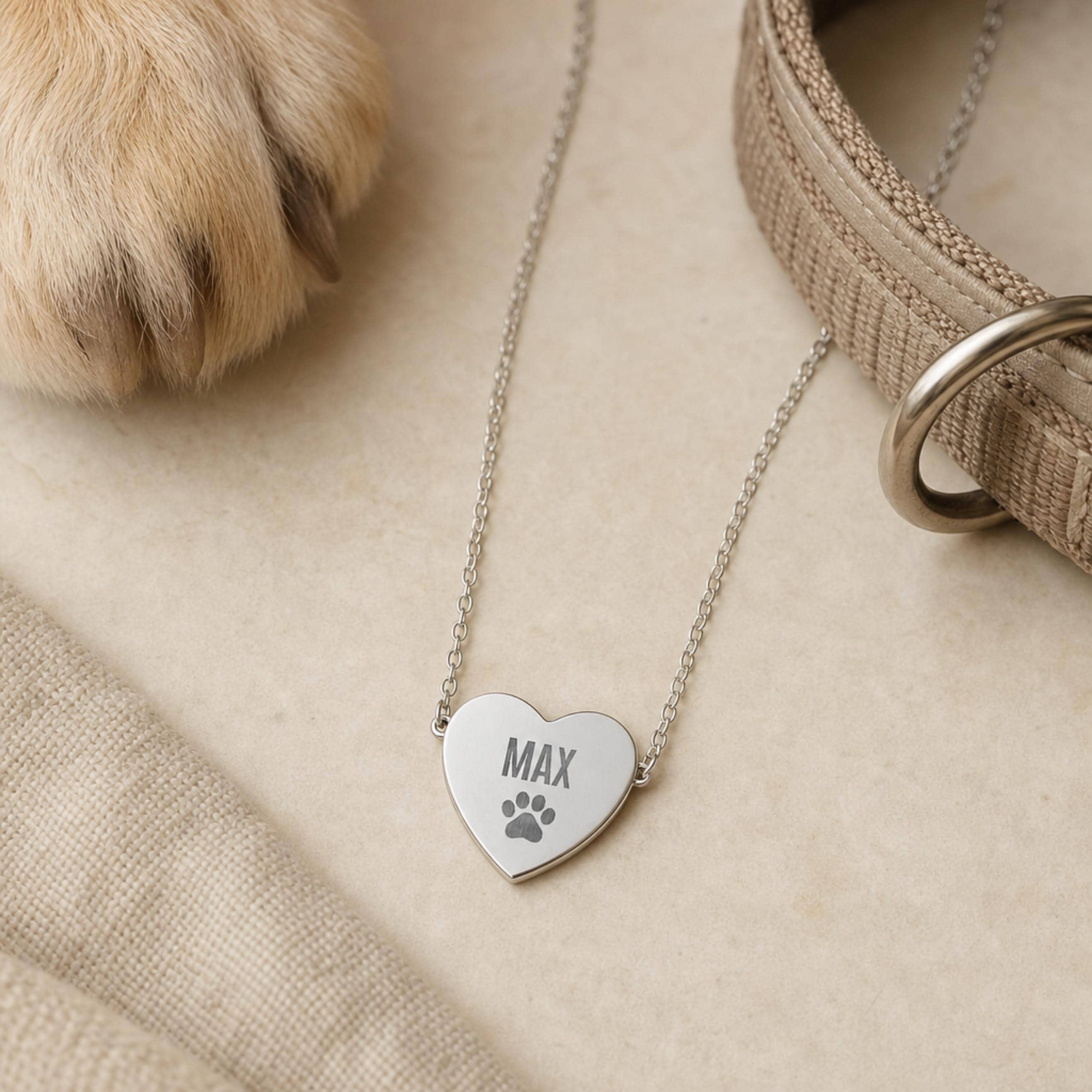 Stainless steel engraved pet name heart necklace with a dog paw and collar