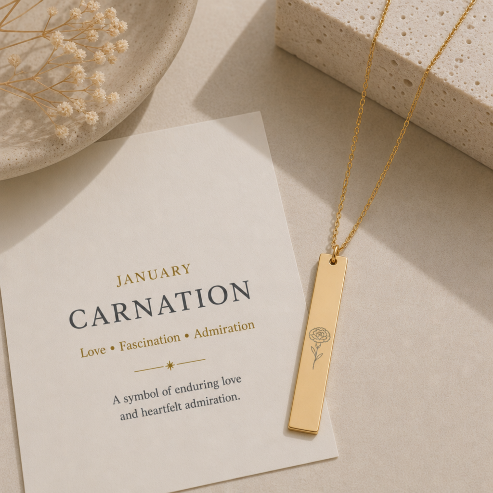 Carnation Necklace, January Birth Flower Necklace, Carnation Pendant, Birth Flower Bar Necklace