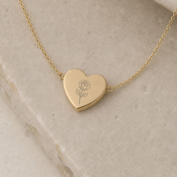June birth flower Heart necklace — engraved with Rose