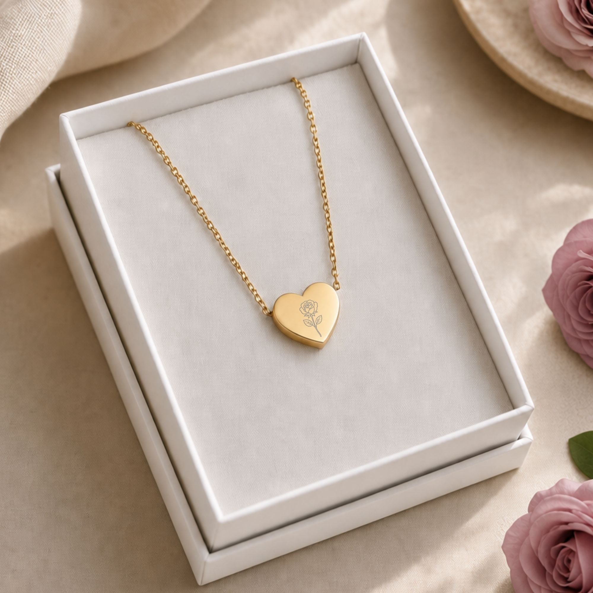 June Flower Necklace, June Rose Necklace, June Flower Charm, Birth Flower Heart