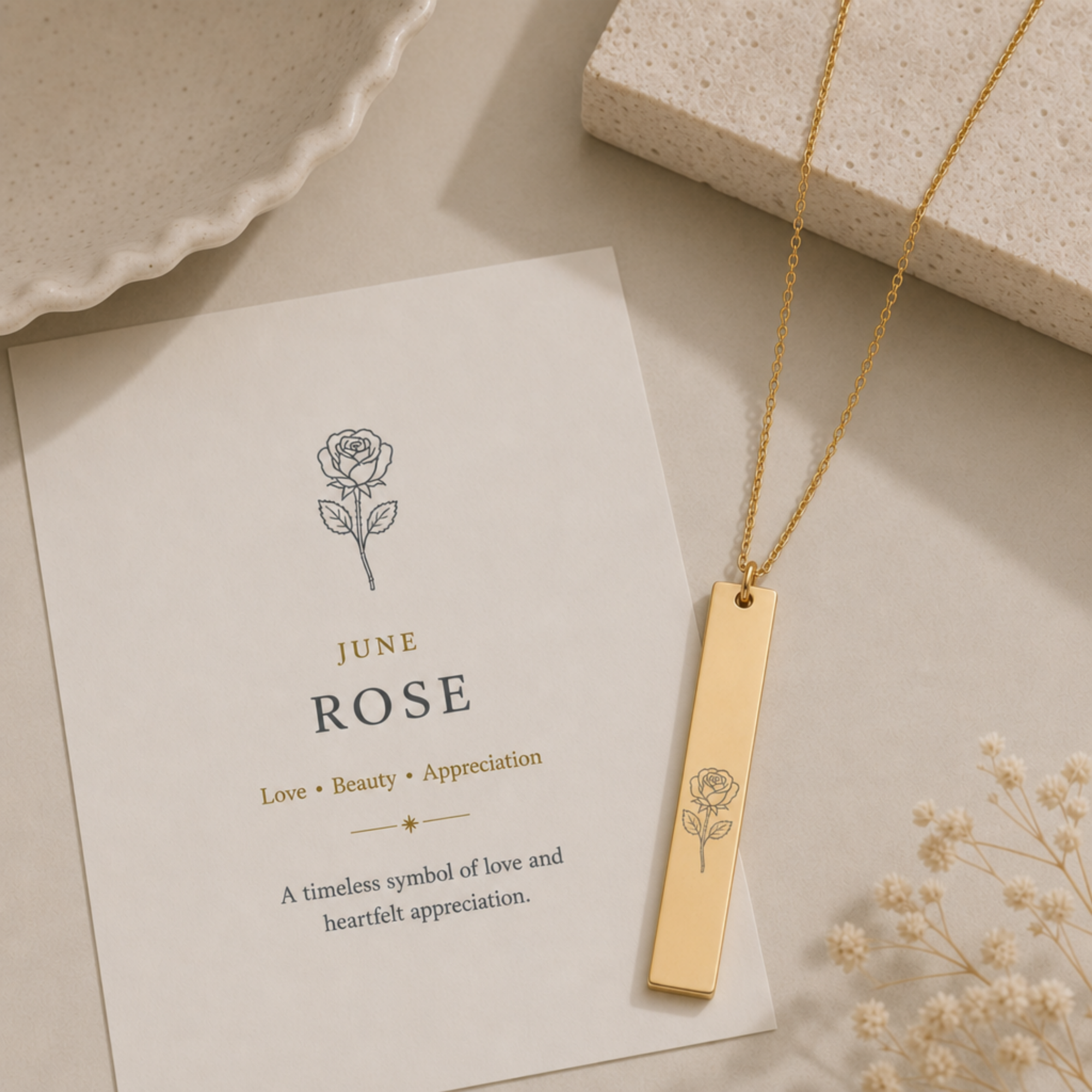 June Flower Necklace, June Rose Necklace, June Flower Charm