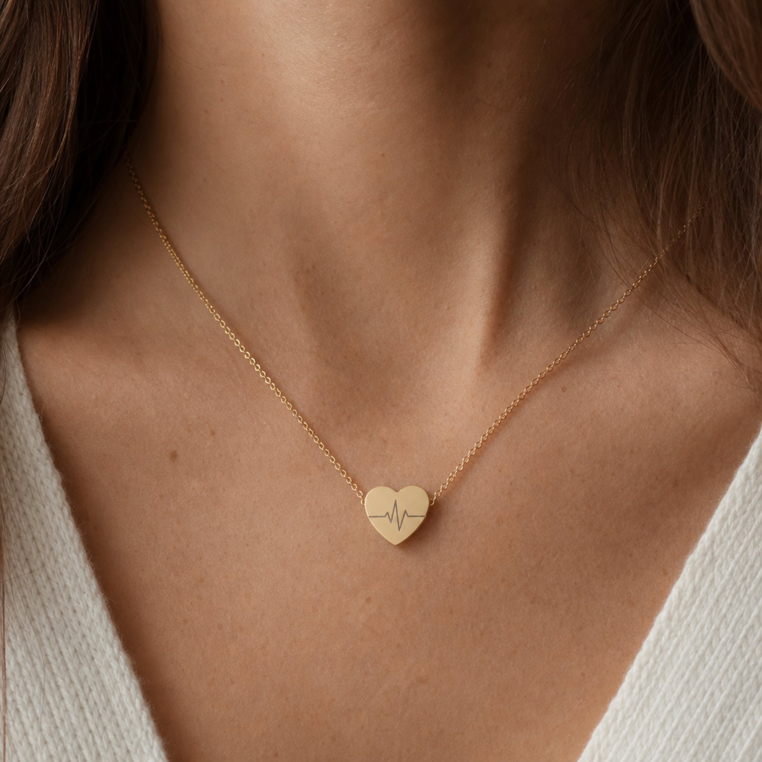 Heartbeat necklace lifestyle in 18K Gold PVD finish, worn on neck — EKG heart pendant for a new mom, anniversary, or keepsake gift (AI-generated image). Memory That Lasts.