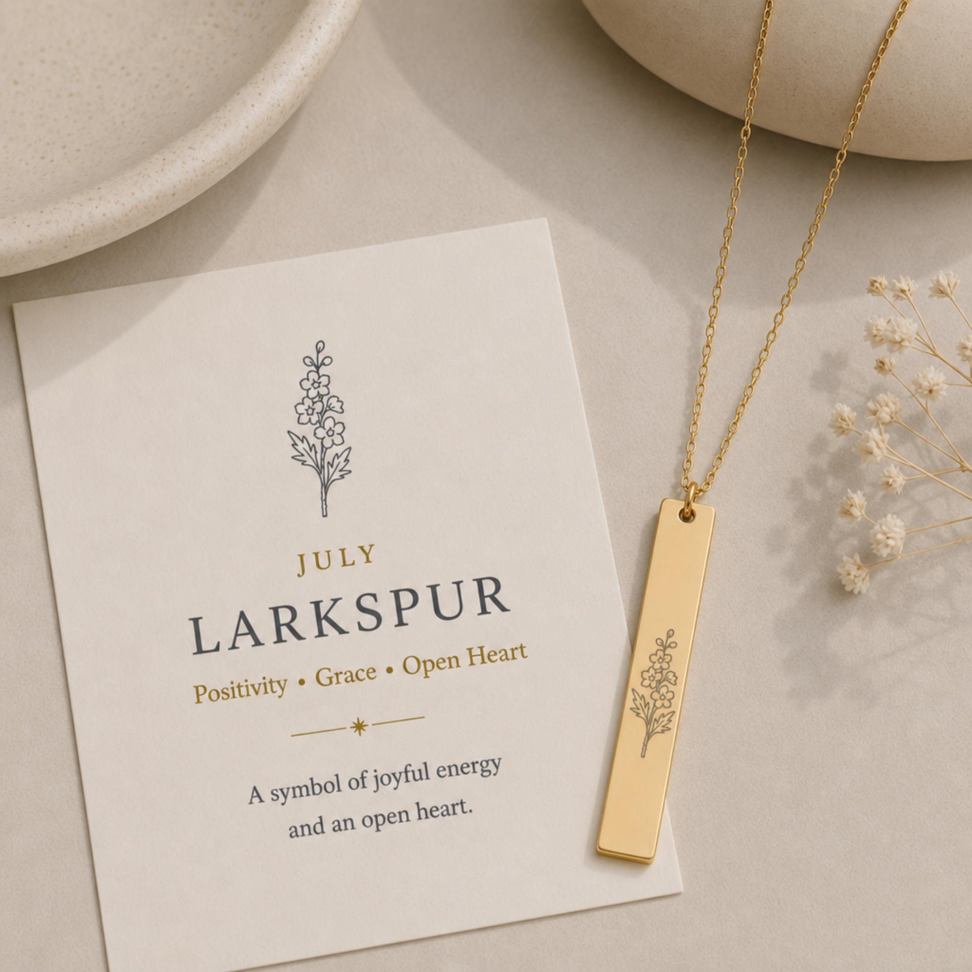Larkspur Necklace, July Flower Necklace, Larkspur Charm