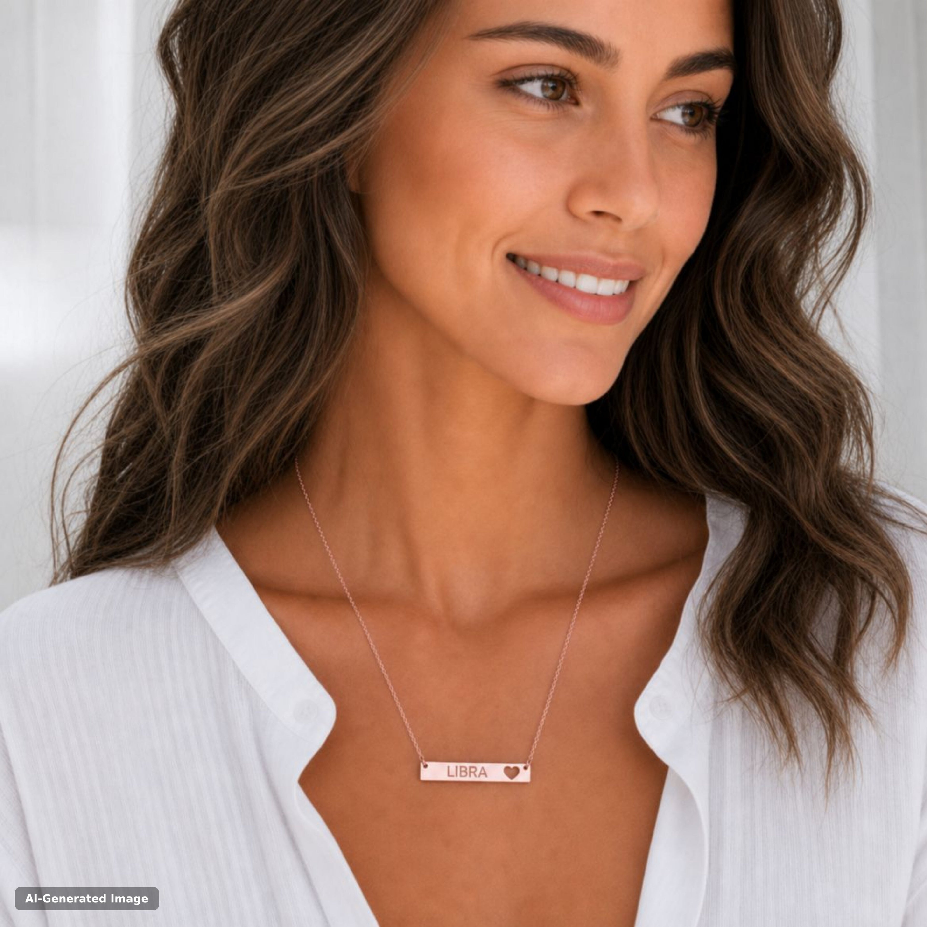 Libra zodiac necklace, engraved cutout heart bar pendant in 18K Rose Gold PVD, worn on model, on-neck lifestyle (AI-generated image)