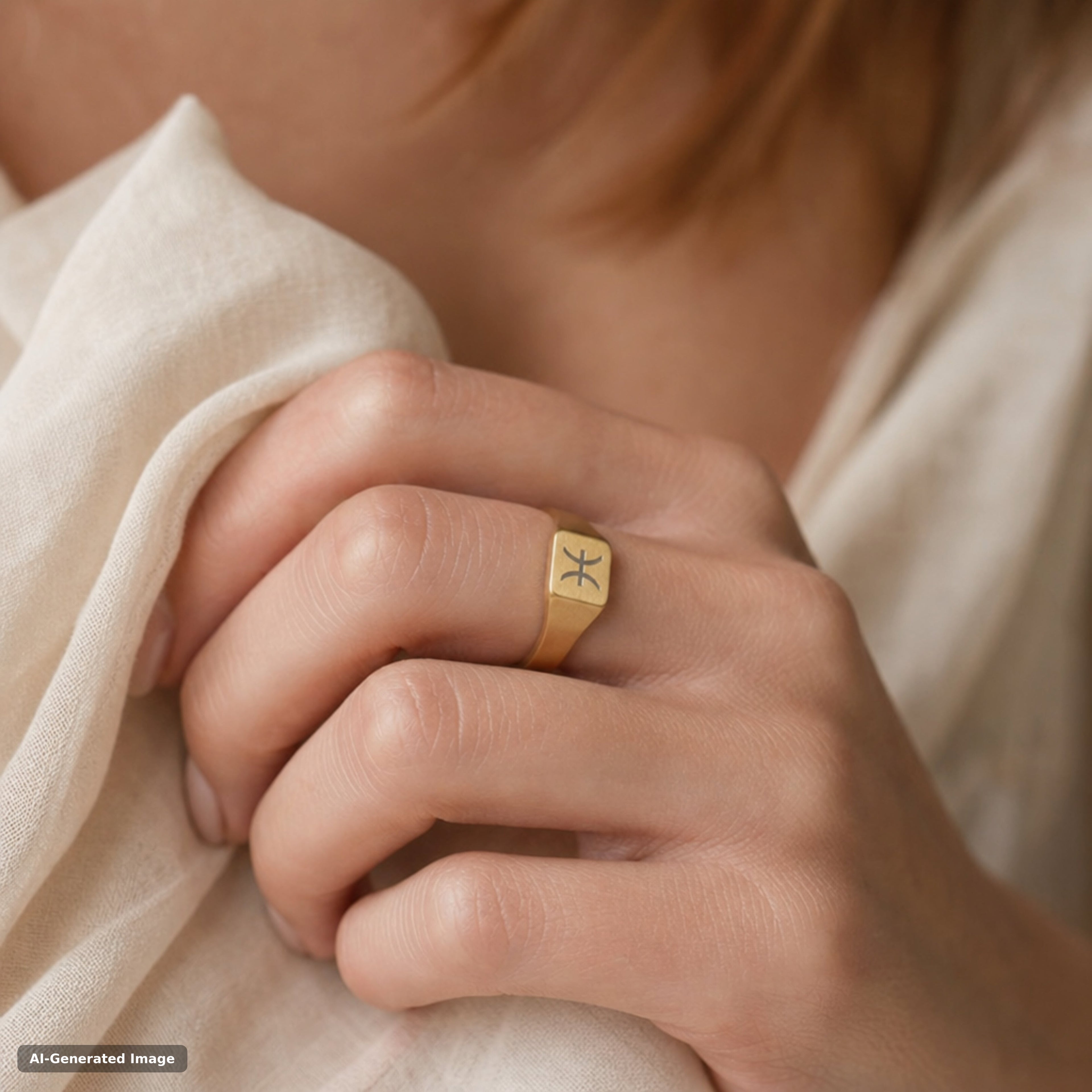 Pisces zodiac signet ring worn on hand - engraved gold star sign signet ring (view 2)