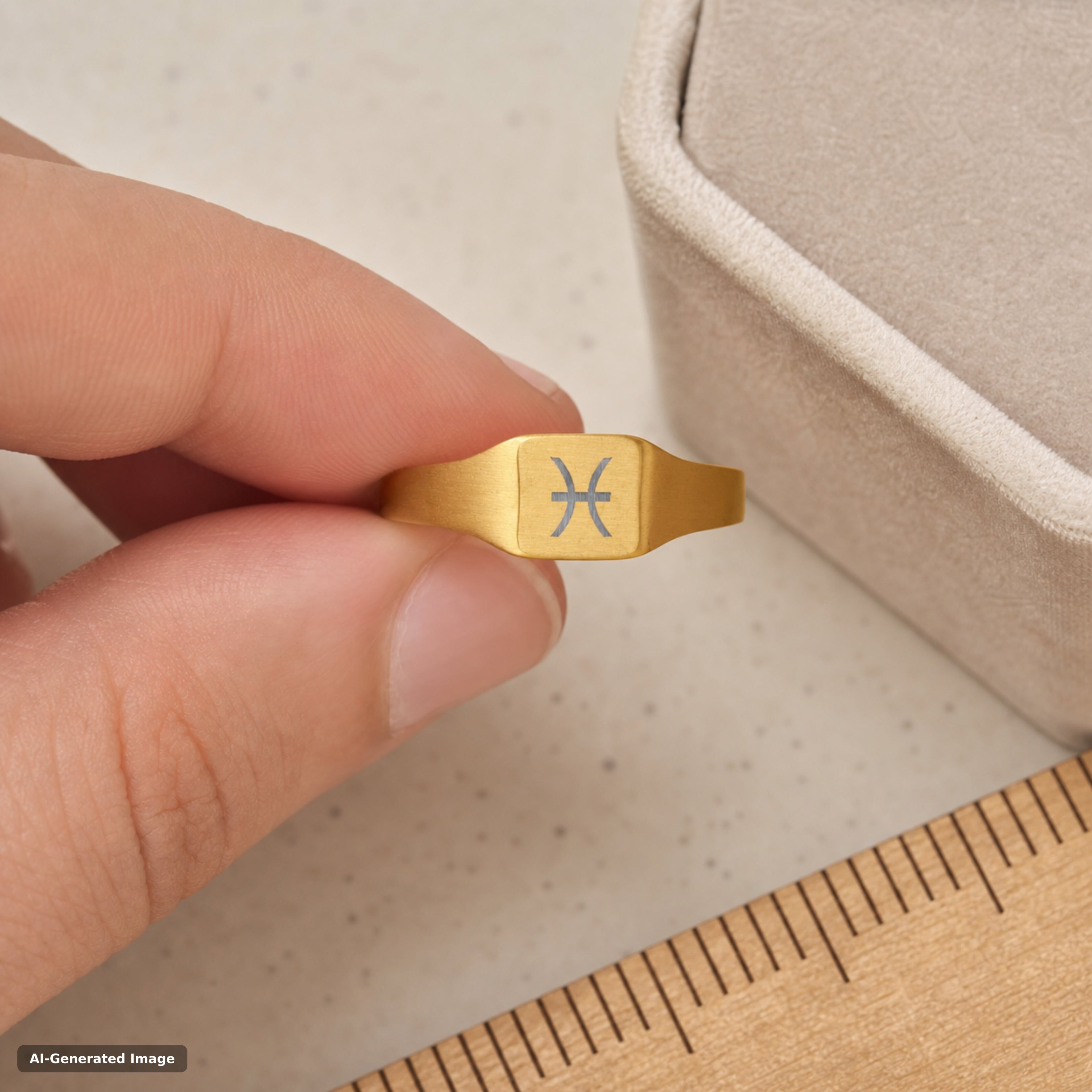 Pisces zodiac signet ring worn on hand - engraved gold star sign signet ring (view 5)