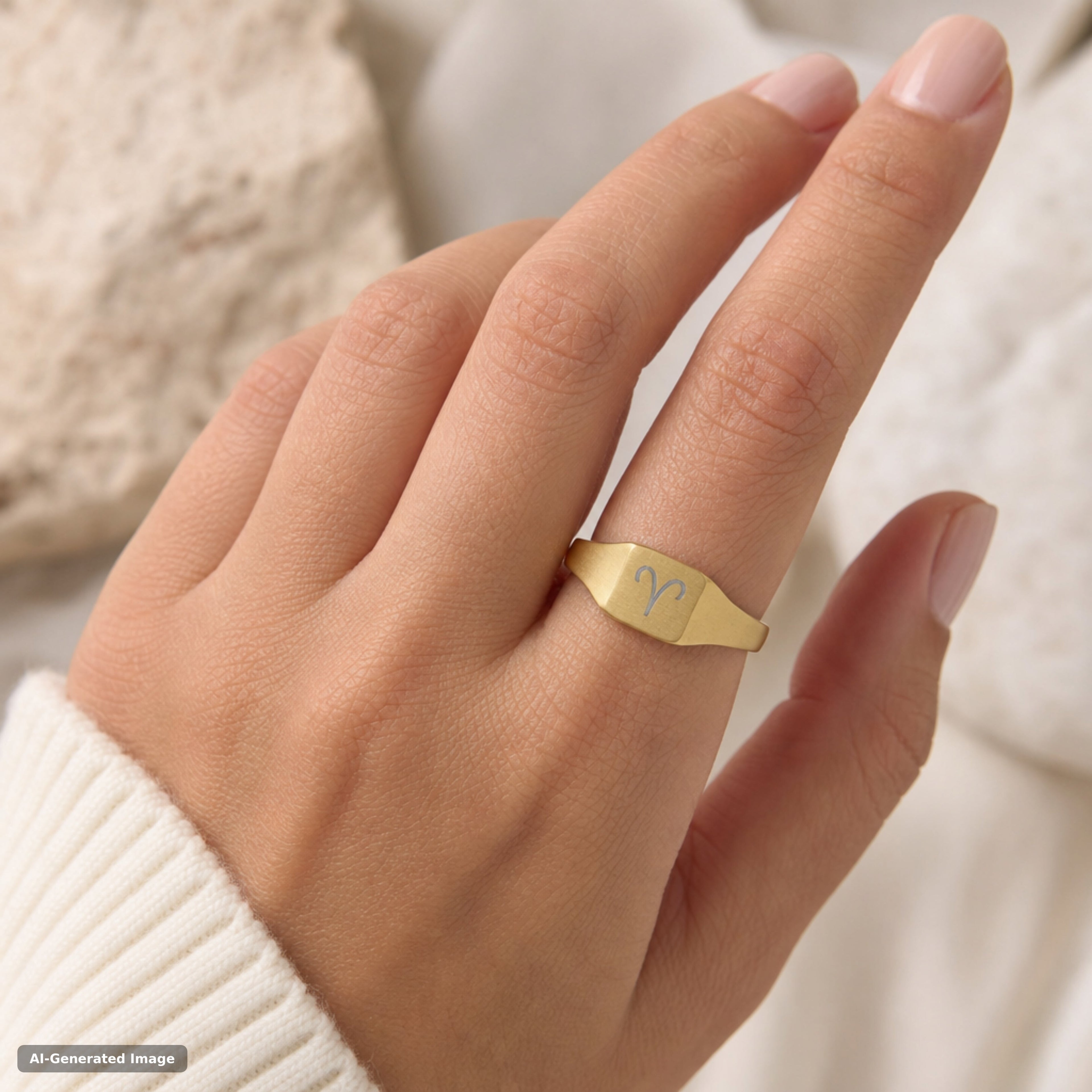 Aries zodiac signet ring worn on hand - engraved gold star sign signet ring (view 1)