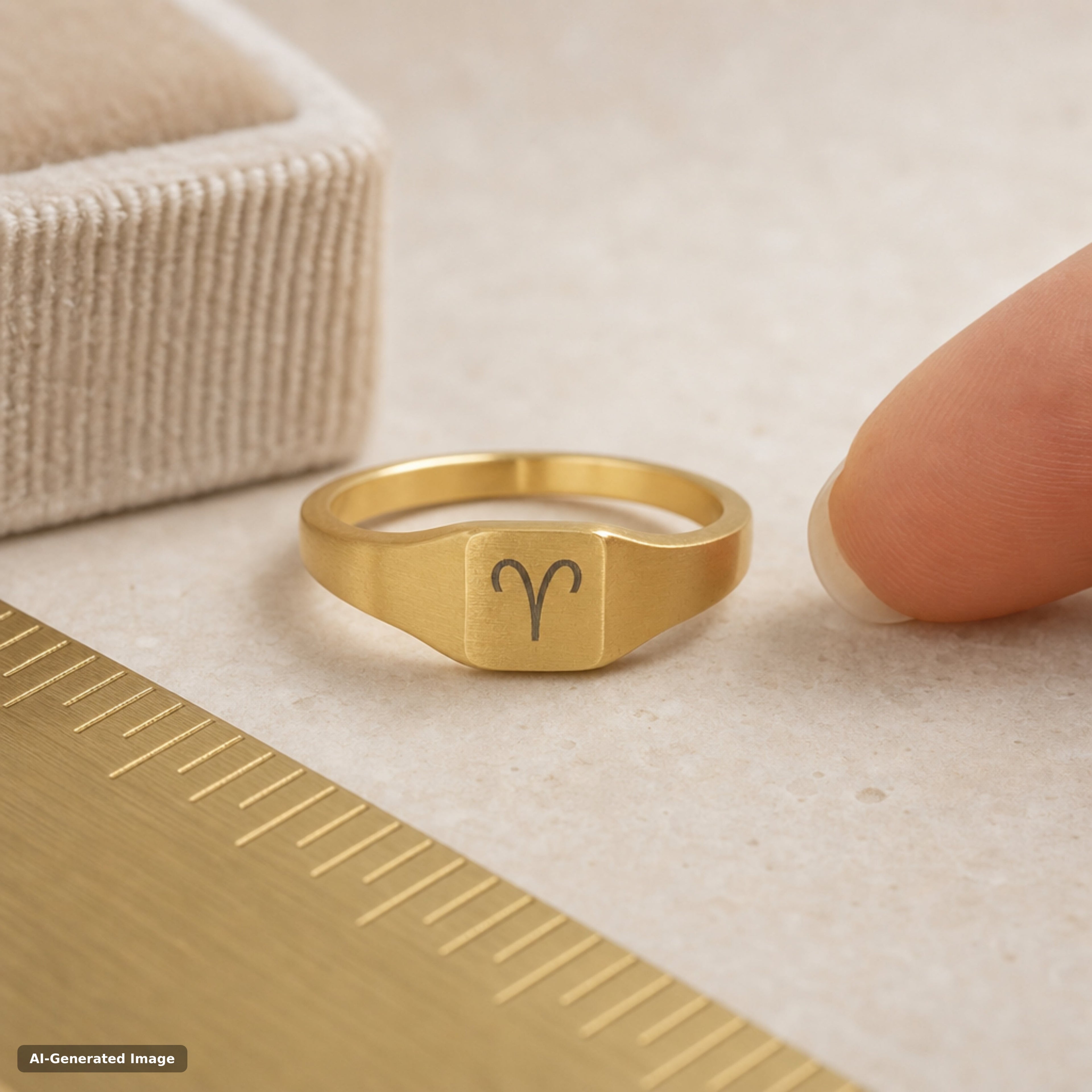 Aries zodiac signet ring worn on hand - engraved gold star sign signet ring (view 4)