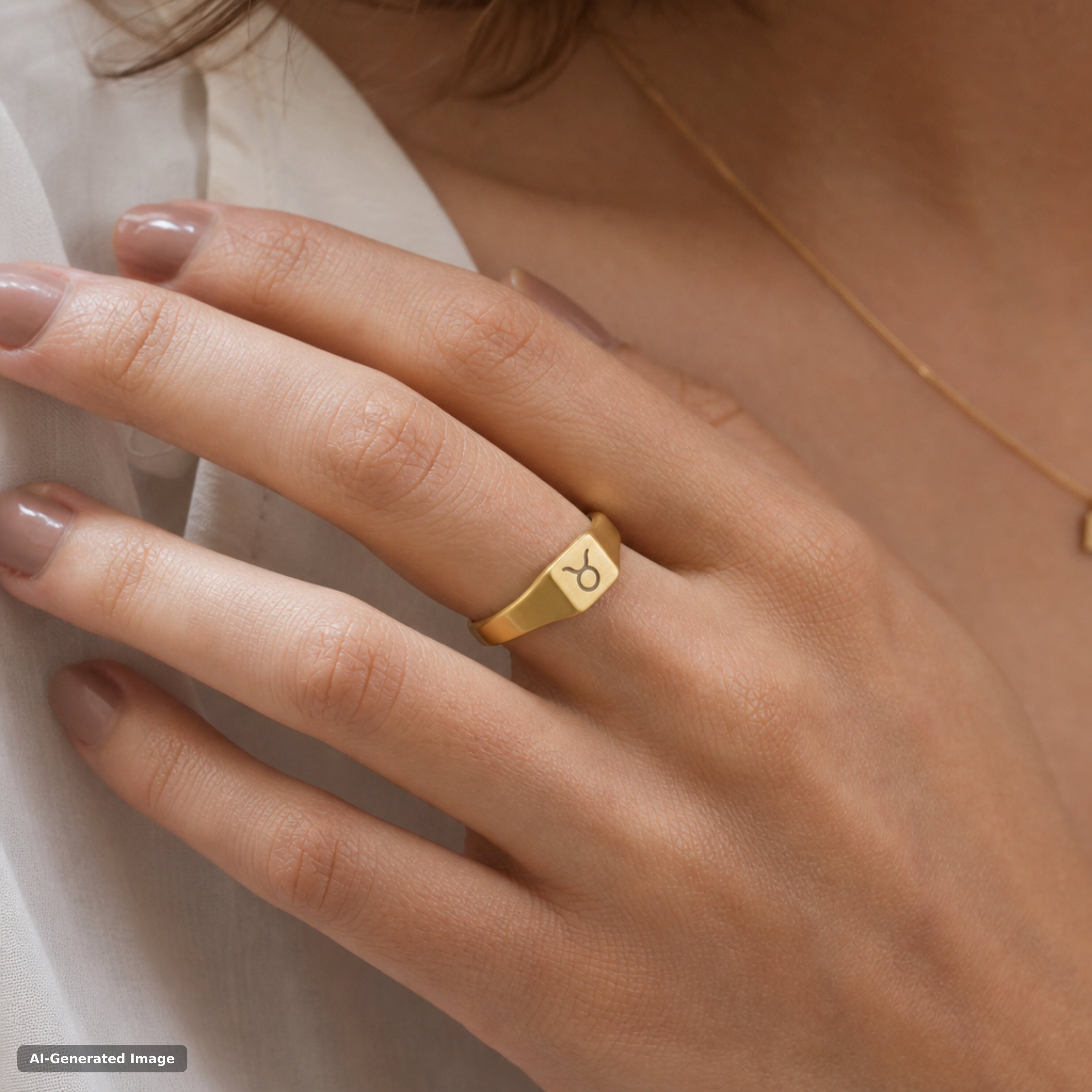 Taurus zodiac signet ring worn on hand - engraved gold star sign signet ring (view 1)