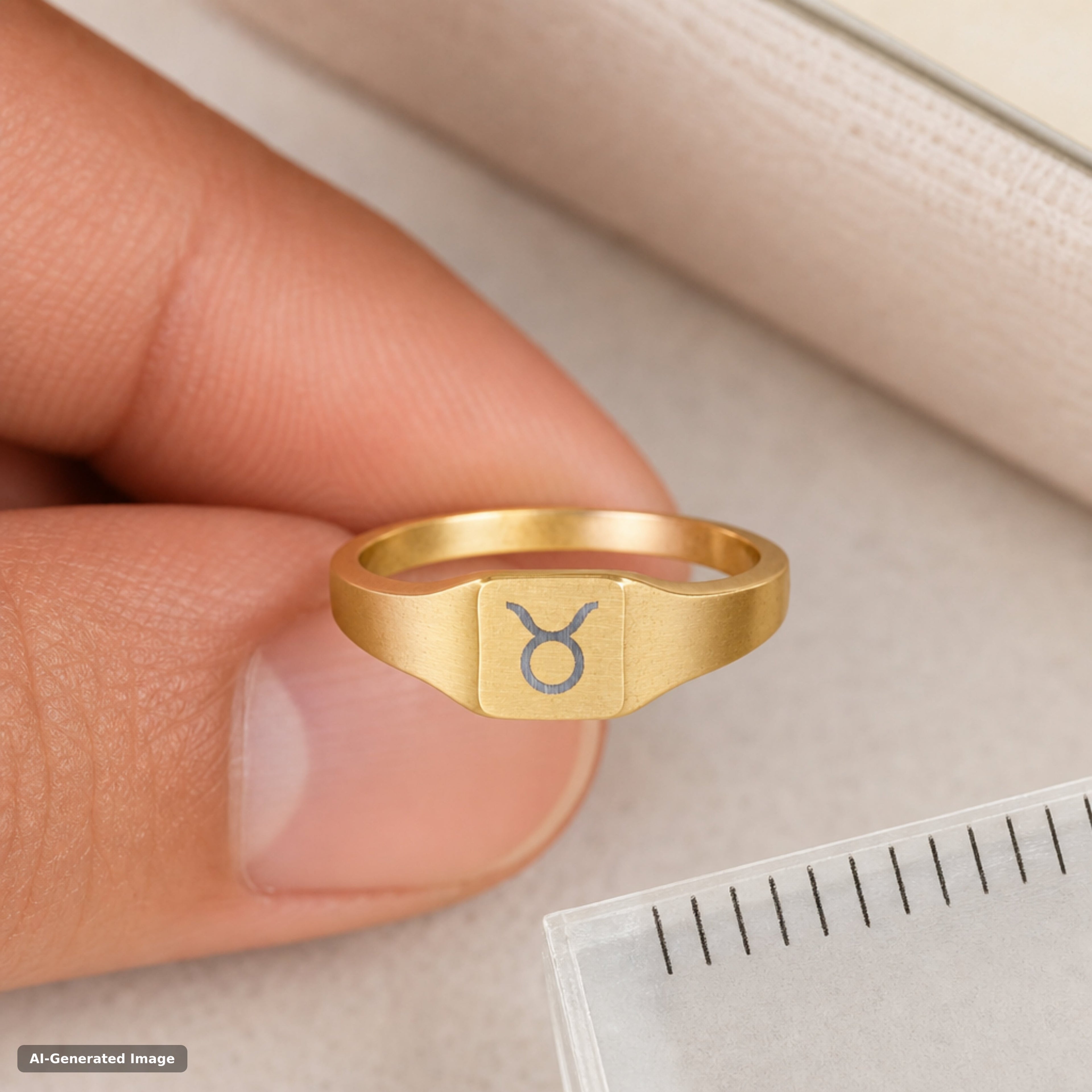 Taurus zodiac signet ring worn on hand - engraved gold star sign signet ring (view 4)