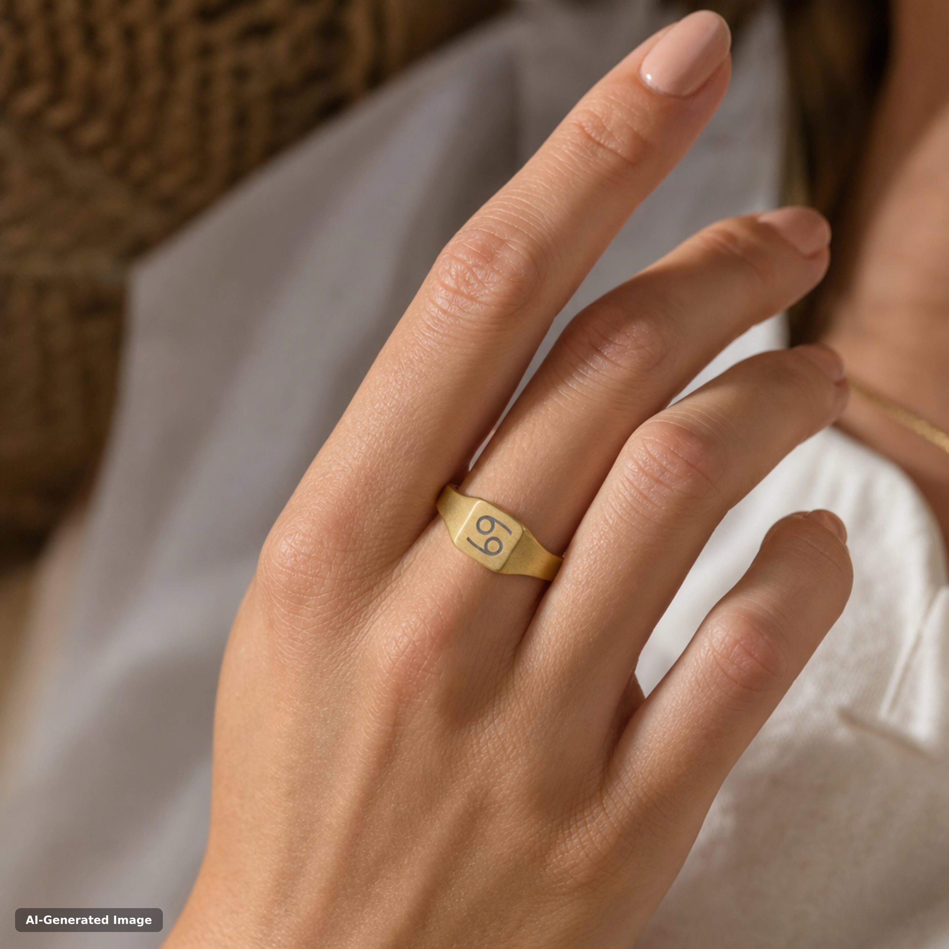 Cancer zodiac signet ring worn on hand - engraved gold star sign signet ring (view 2)