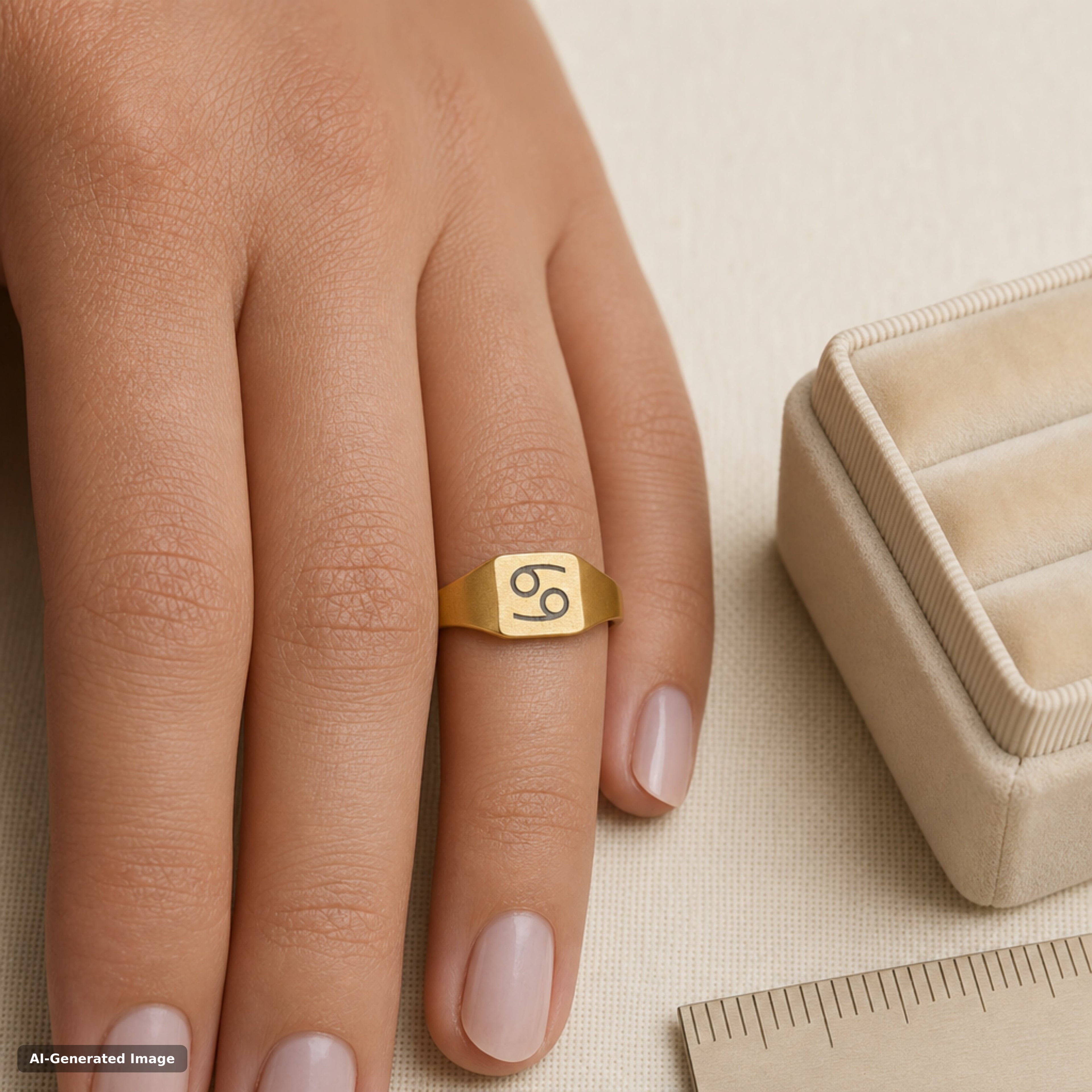 Cancer zodiac signet ring worn on hand - engraved gold star sign signet ring (view 5)