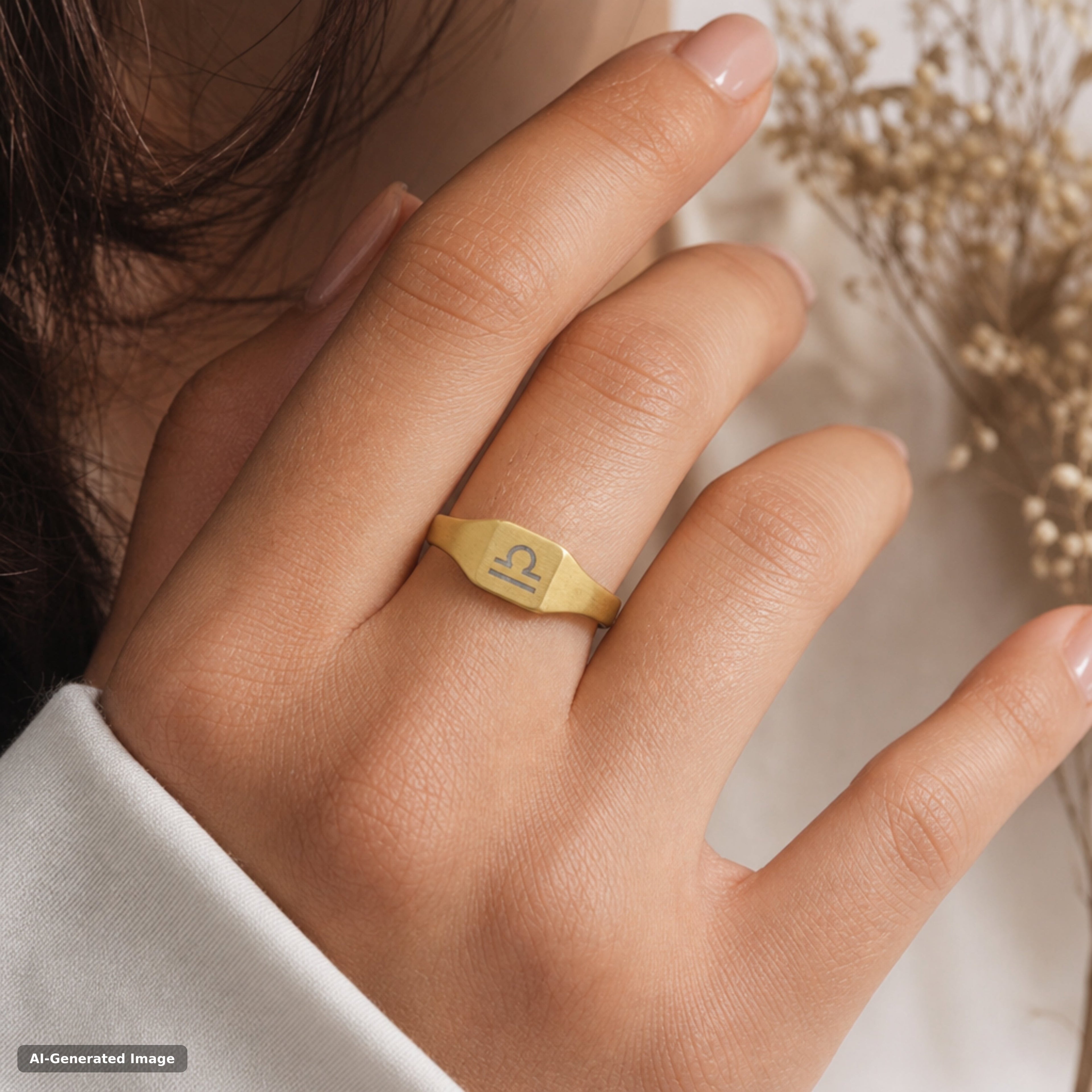 Libra zodiac signet ring worn on hand - engraved gold star sign signet ring (view 2)