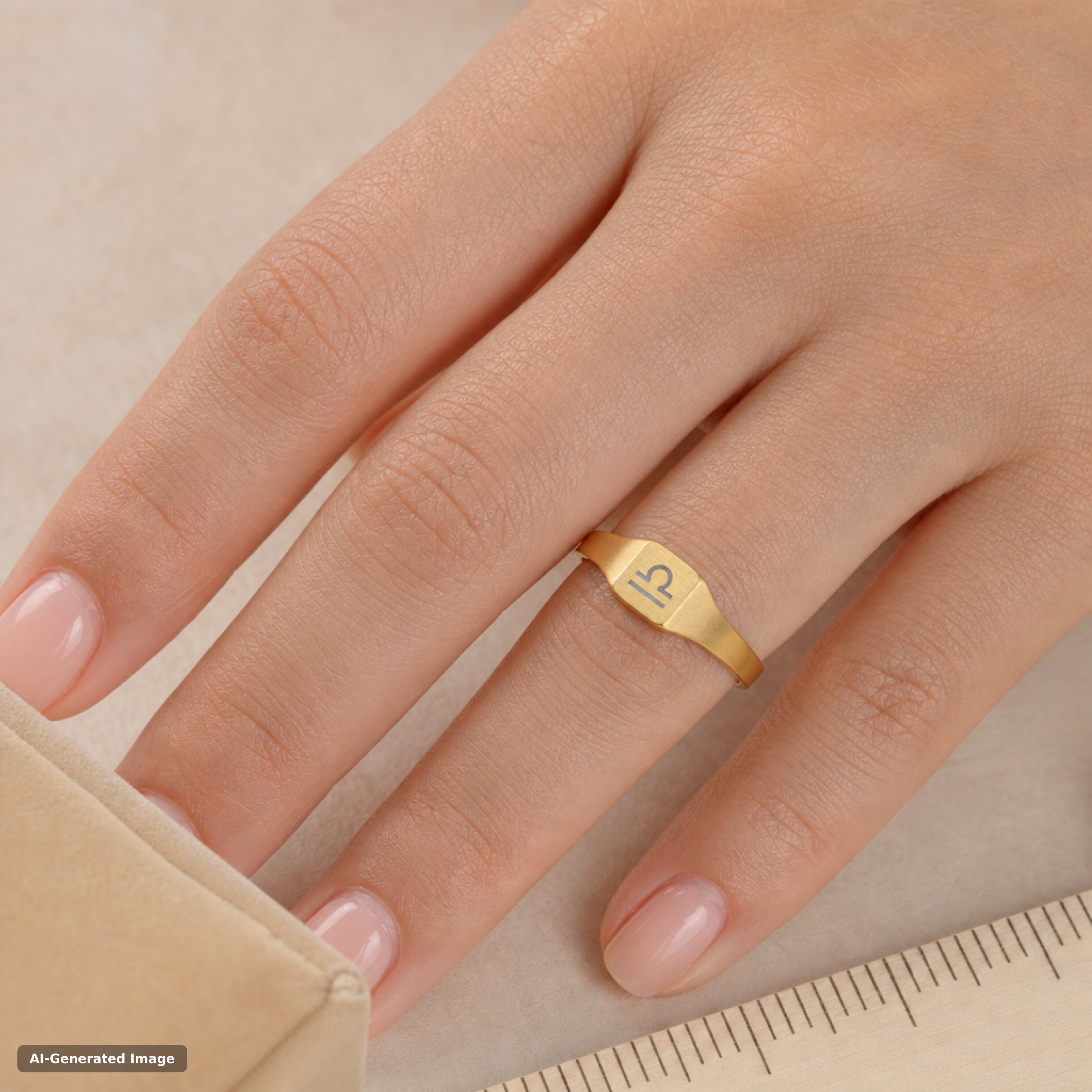 Libra zodiac signet ring worn on hand - engraved gold star sign signet ring (view 4)