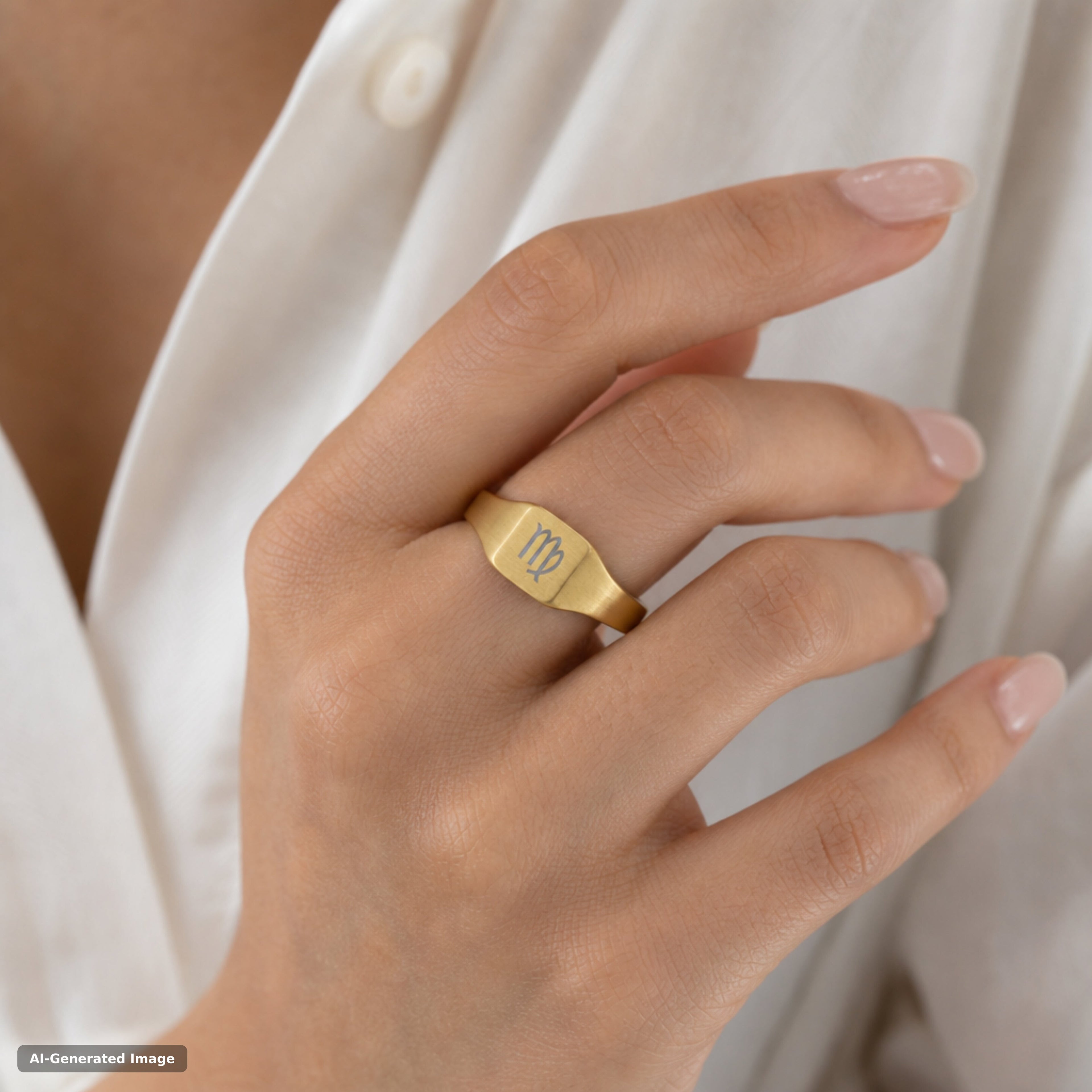Virgo zodiac signet ring worn on hand - engraved gold star sign signet ring (view 2)